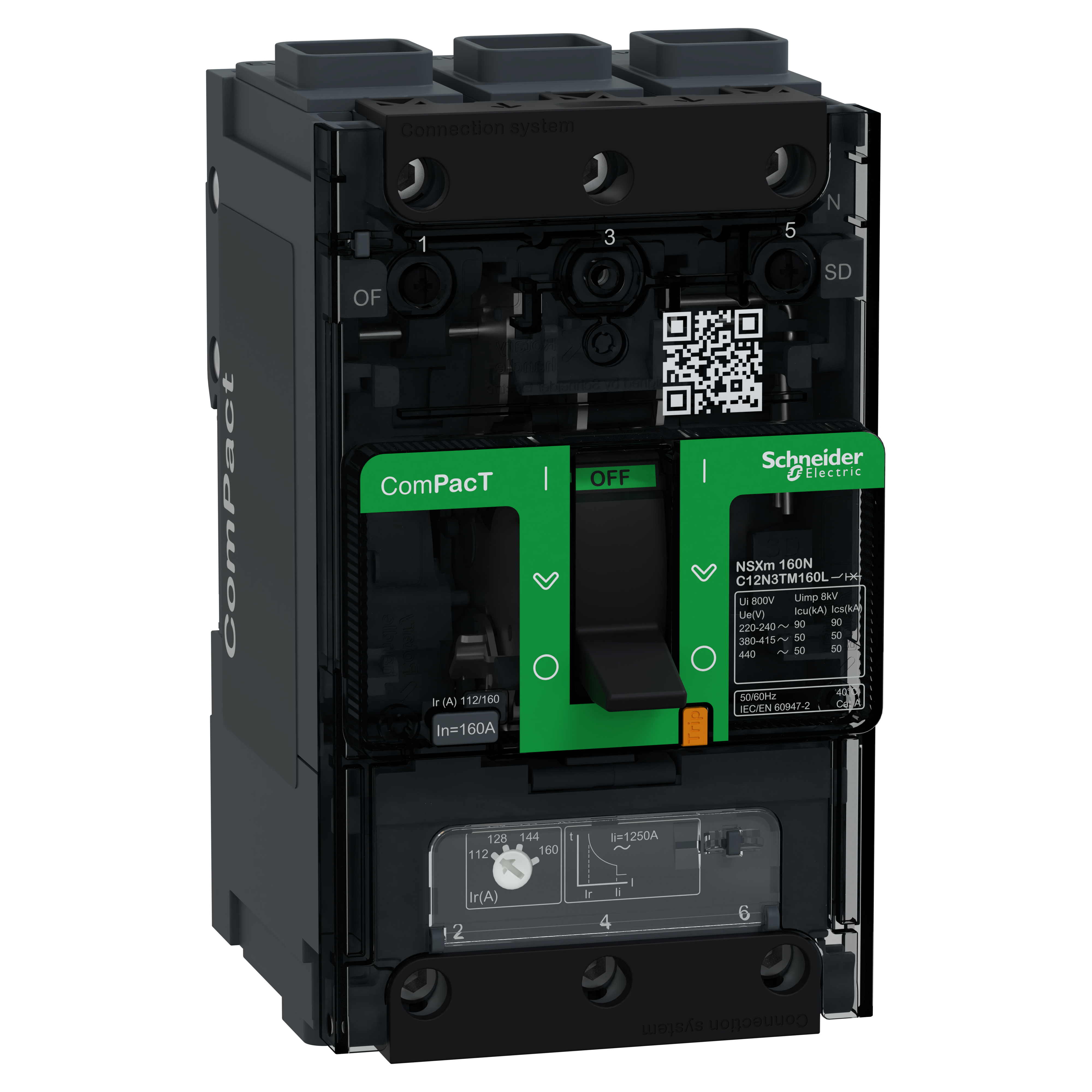 SCHNEIDER ELECTRIC - Interruttore, ComPacT NSXm 160N, 50kA/415VAC, 3 poli, Sganciatore TMD 160A, connettori EverLink