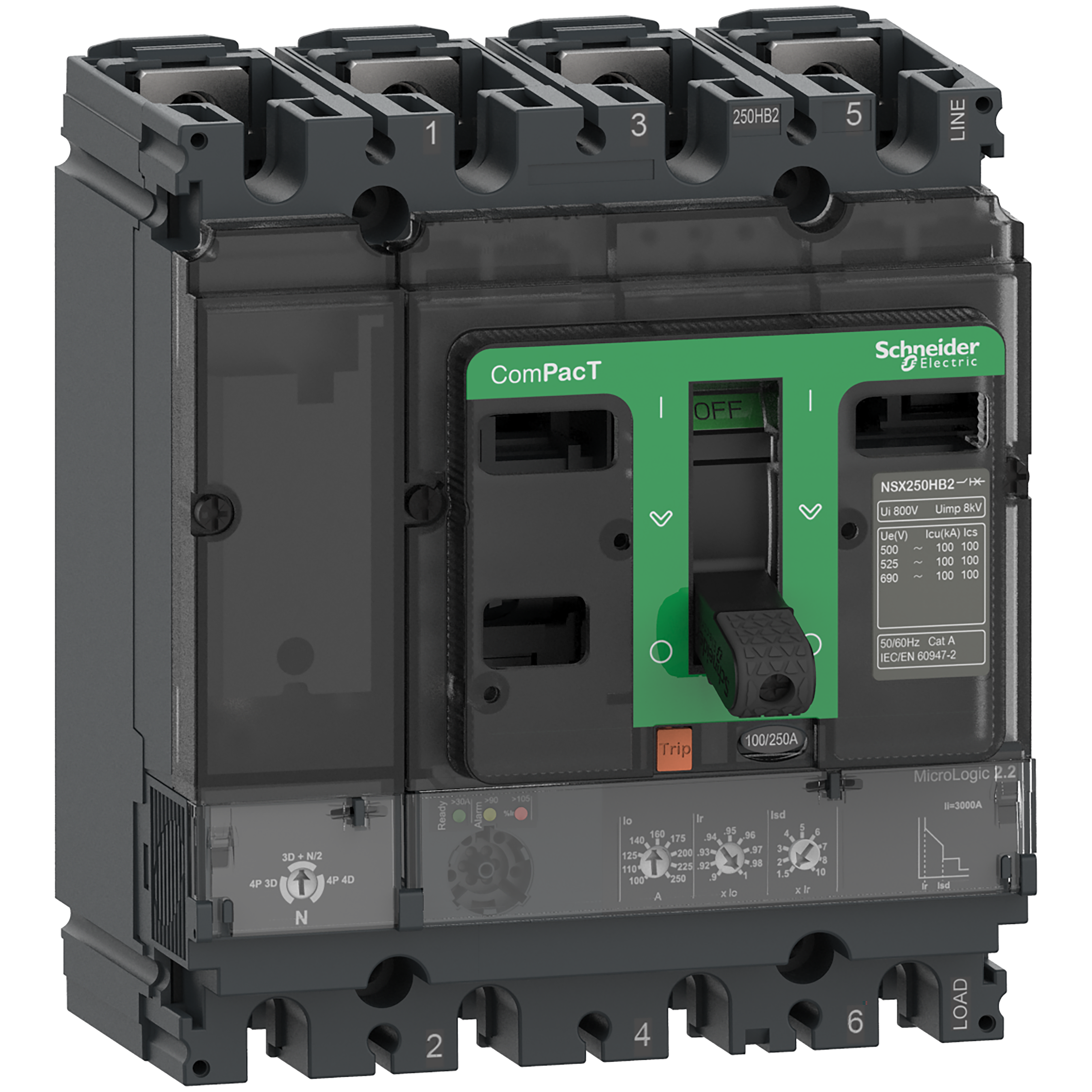 SCHNEIDER ELECTRIC - Interruttore, ComPacT NSX250R, 200kA/415VAC, 4 poli, Sganciatore MicroLogic 2.2 250A