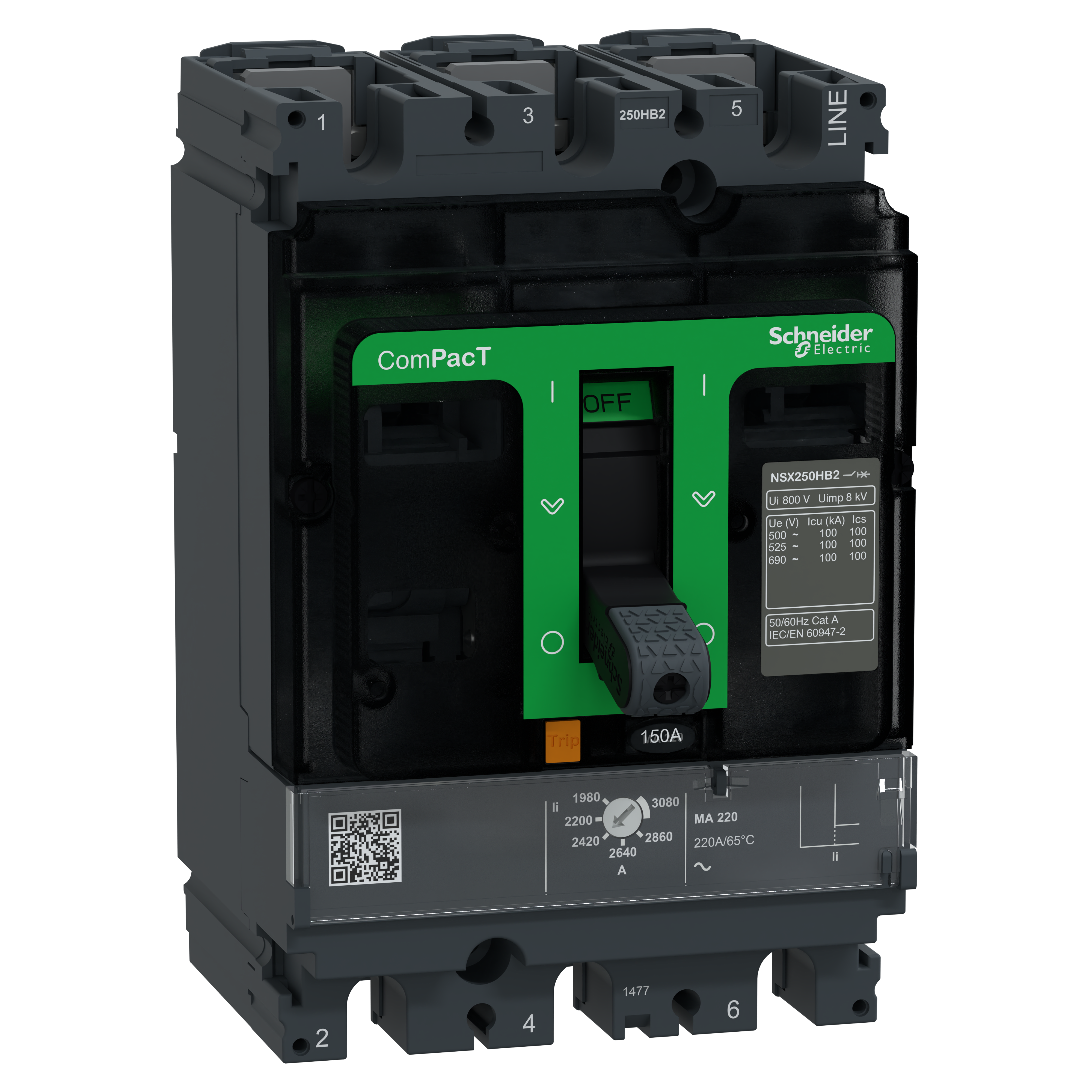 SCHNEIDER ELECTRIC - Interruttore, ComPacT NSX250HB2, 100kA/690VAC, 3 poli, Sganciatore MA 150A