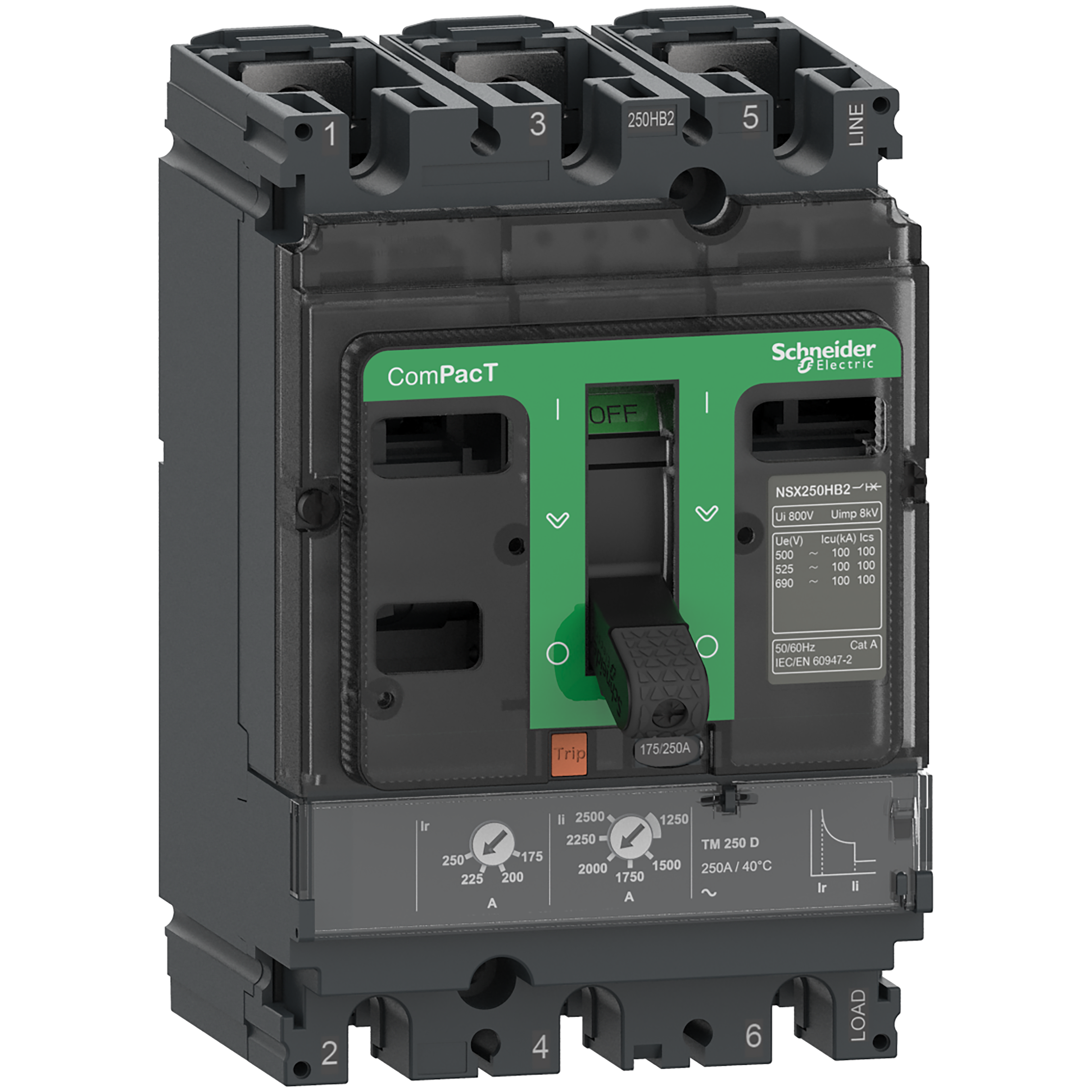 SCHNEIDER ELECTRIC - Interruttore, ComPacT NSX250HB2, 100kA/690VAC, 3 poli, Sganciatore TMD 125A