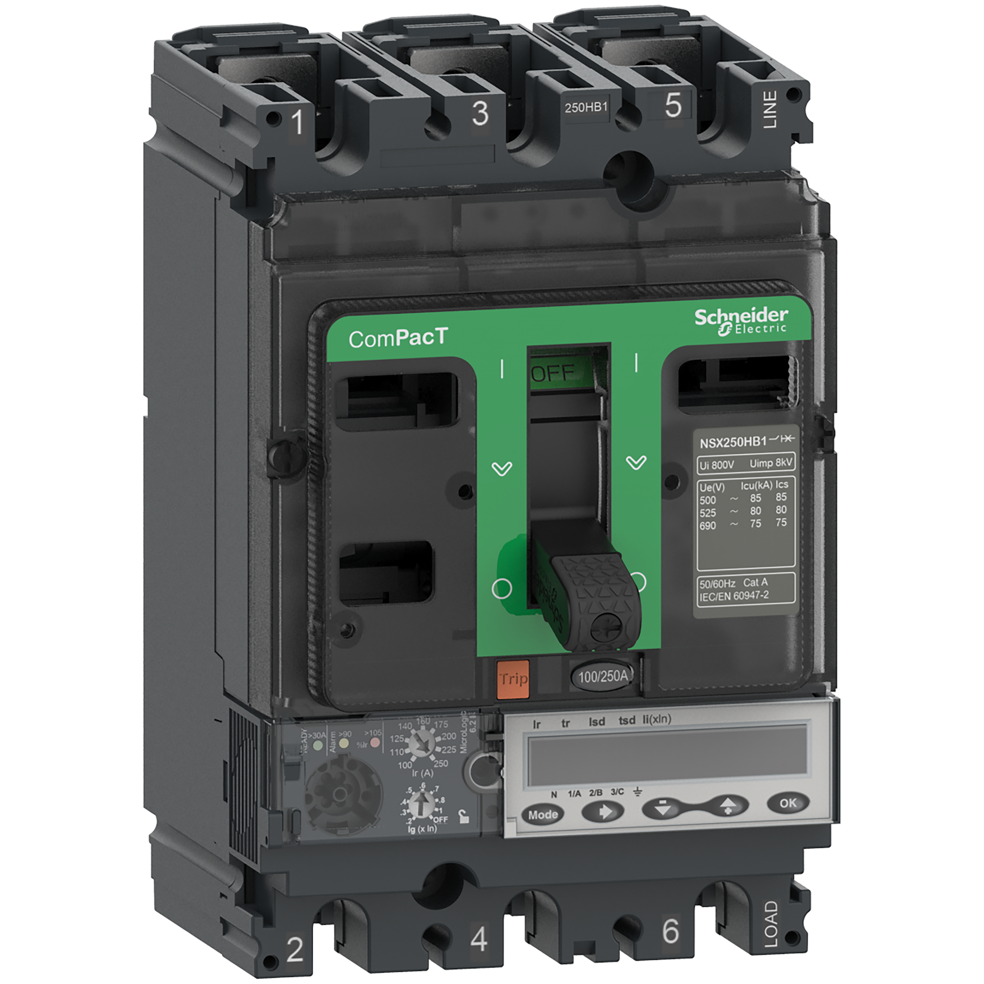 SCHNEIDER ELECTRIC - Interruttore, ComPacT NSX250HB2, 100kA/690VAC, 4 poli, Sganciatore MicroLogic 6.2E 160A