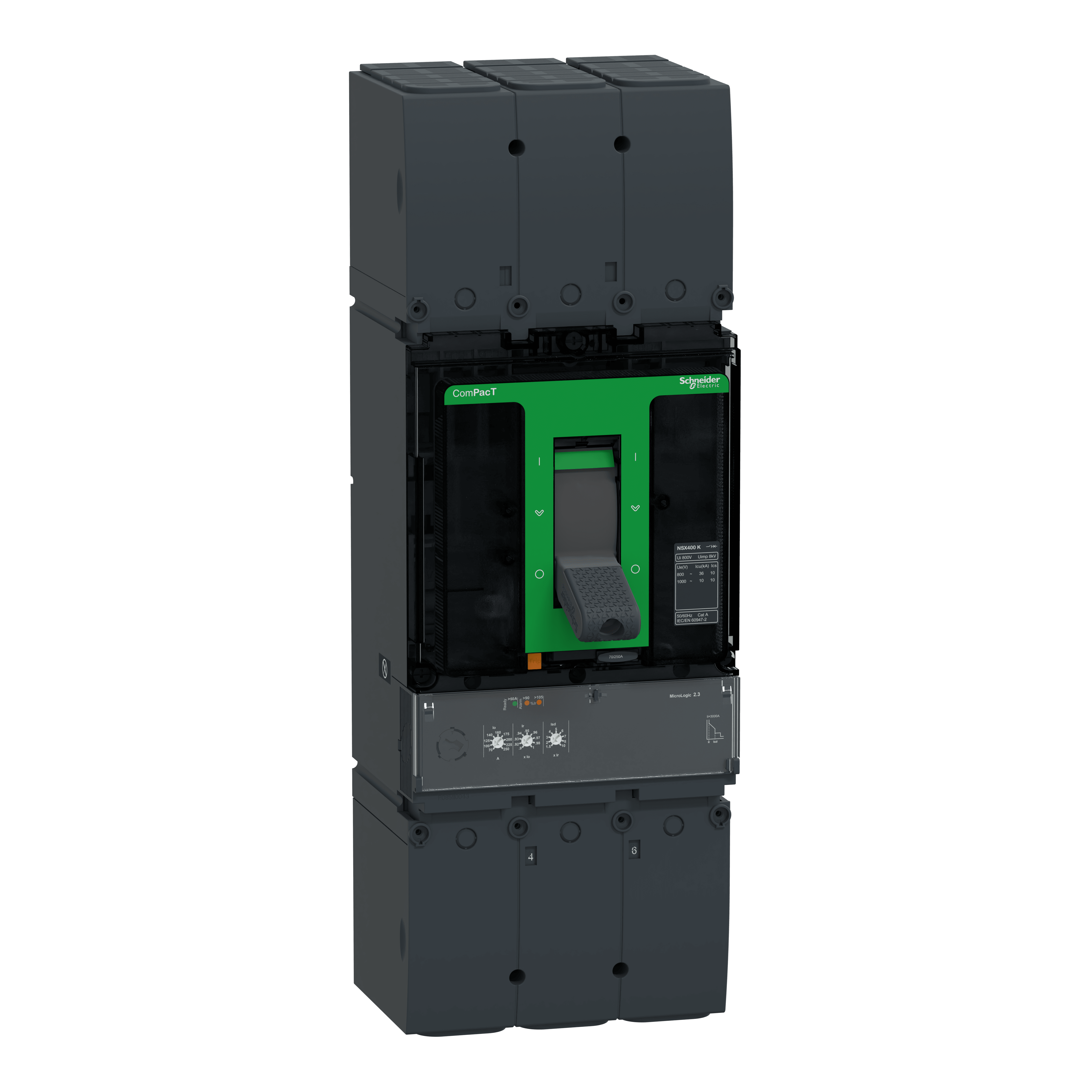 SCHNEIDER ELECTRIC - Interruttore, ComPacT NSX400K, 36kA/800VAC, 10kA/1000VAC, 3 poli, Sganciatore MicroLogic 2.3, 250A C40K32D250