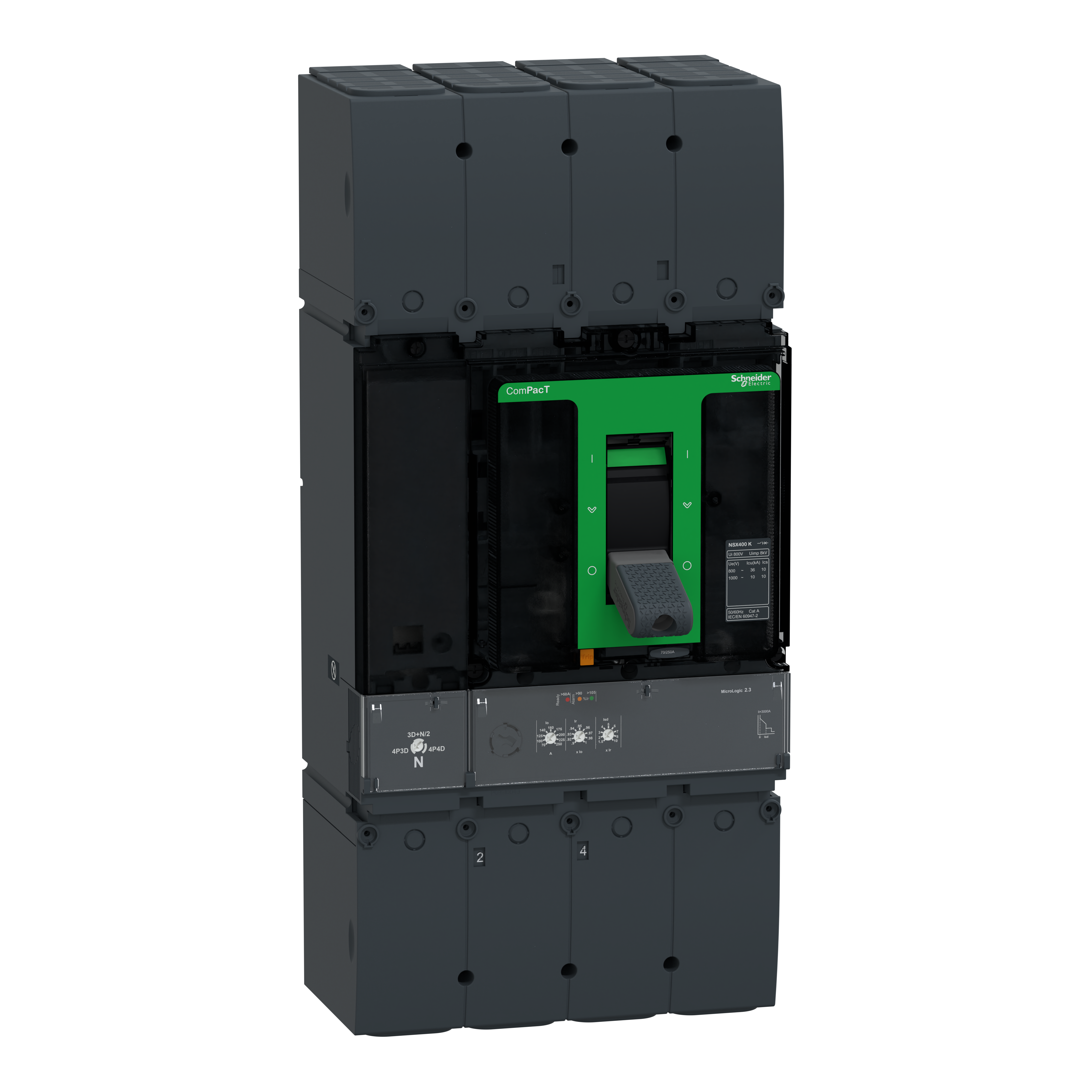 SCHNEIDER ELECTRIC - Interruttore, ComPacT NSX400K, 36kA/800VAC, 10kA/1000VAC, 4 poli, Sganciatore MicroLogic 2.3, 250A C40K42D250