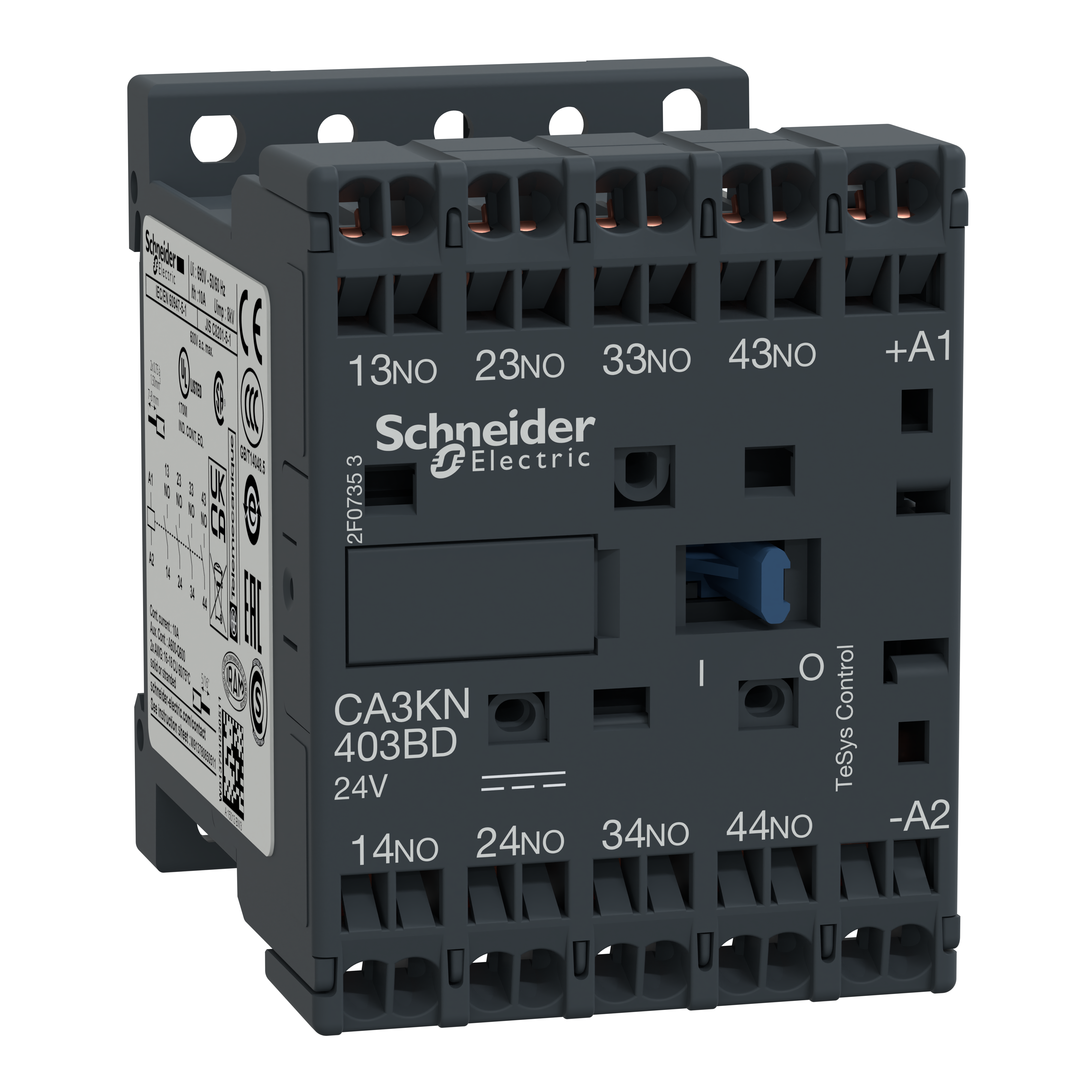 SCHNEIDER ELECTRIC - control relay, TeSys K, 4P(4NO), 690V, 24V DC standard coil, with integral suppression device