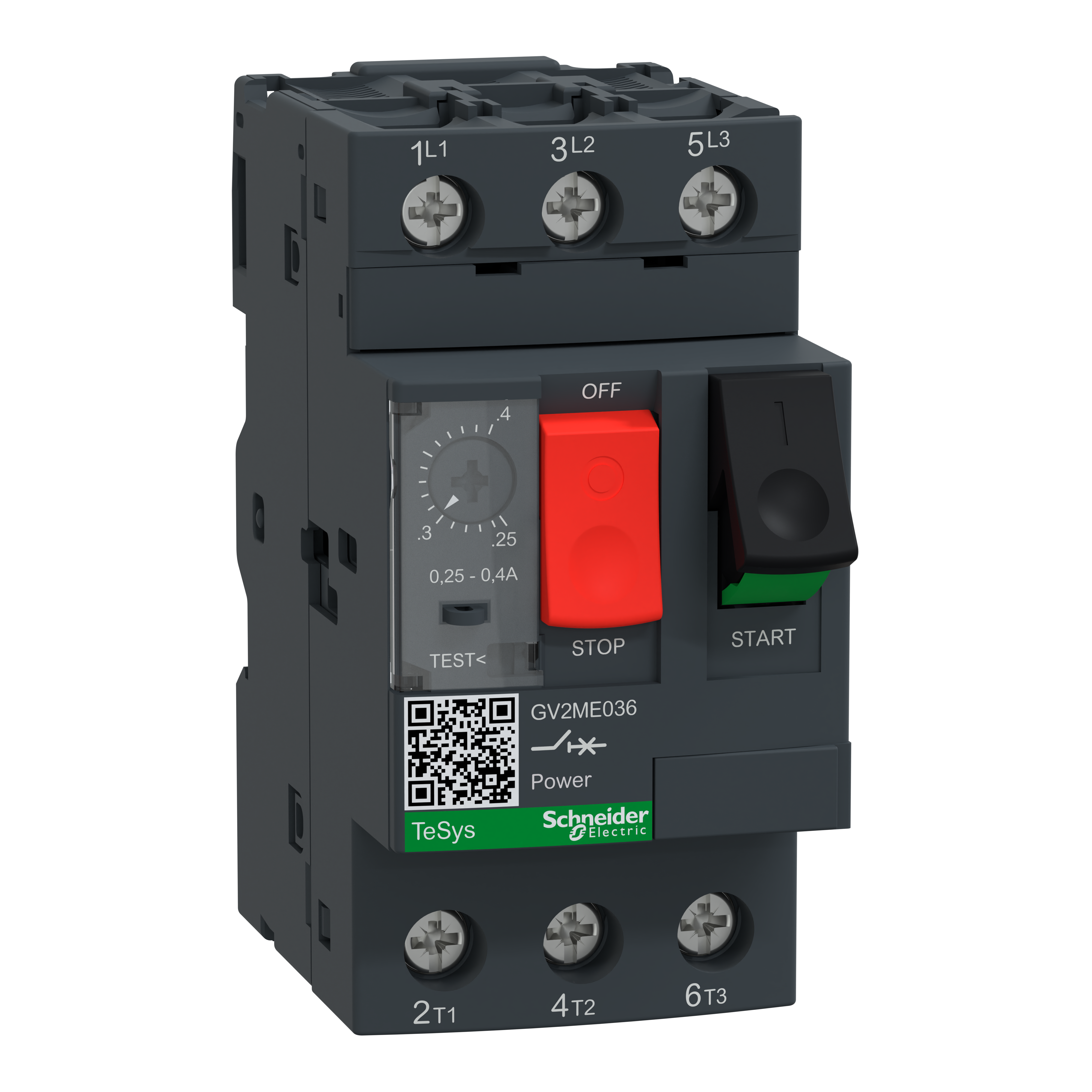 SCHNEIDER ELECTRIC - Interruttore automatico magnetotermico a pulsanti, TeSys, GV2ME, 0,25-0,40A capicorda occhiello GV2ME036