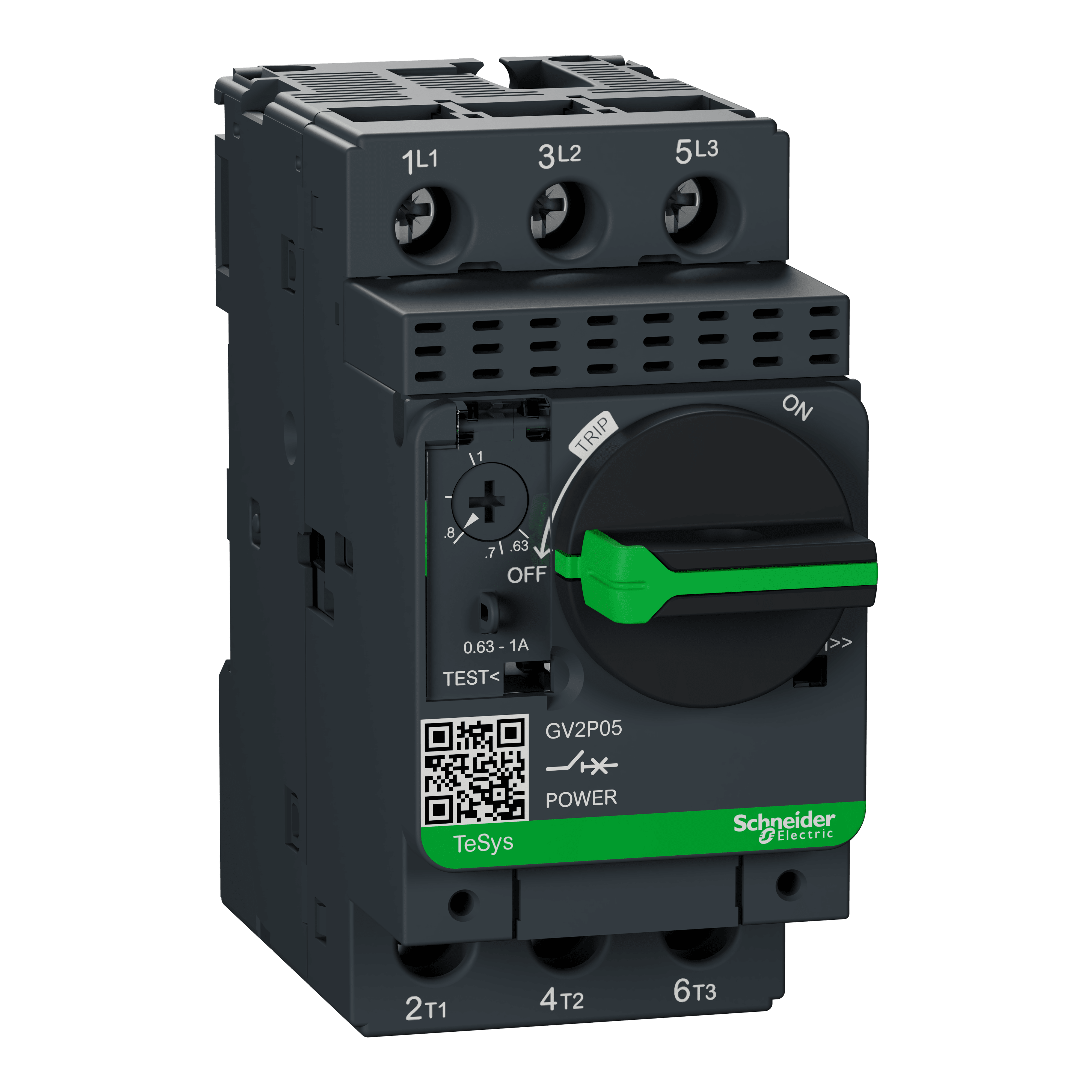 SCHNEIDER ELECTRIC - Interruttore automatico magnetotermico manovra rotativa, TeSys, GV2P, 0,63-1A viti serrafilo