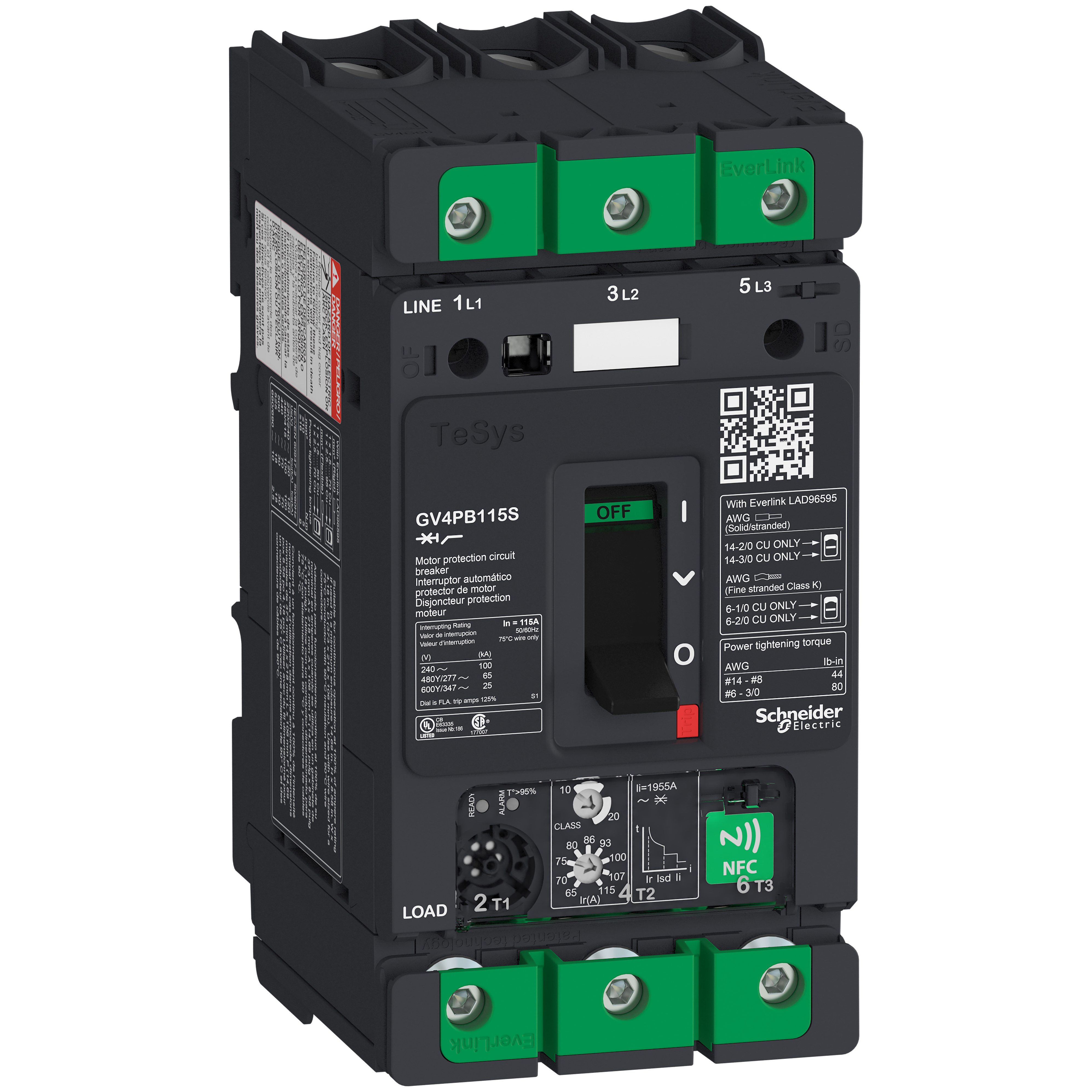 SCHNEIDER ELECTRIC - Interruttore automatico magnetotermico multifunzione a leva UL489, TeSys, GV4PB, 115A Icu 100kA EverLink GV4PB115S