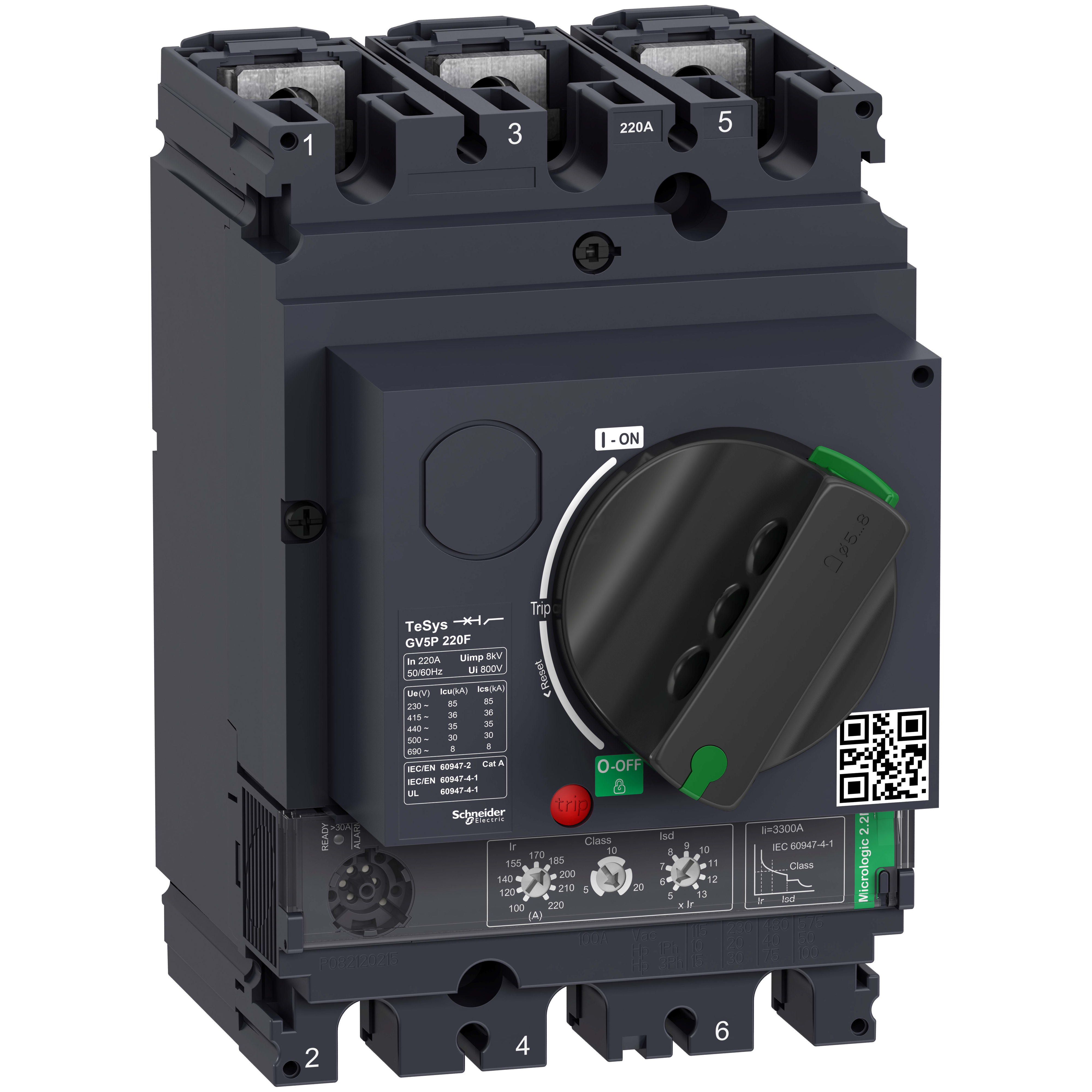 SCHNEIDER ELECTRIC - Interruttore automatico TeSys GV5 magnetotermico con manovra rotativa con manovra rotativa 100-220A Icu 36kA GV5P220F