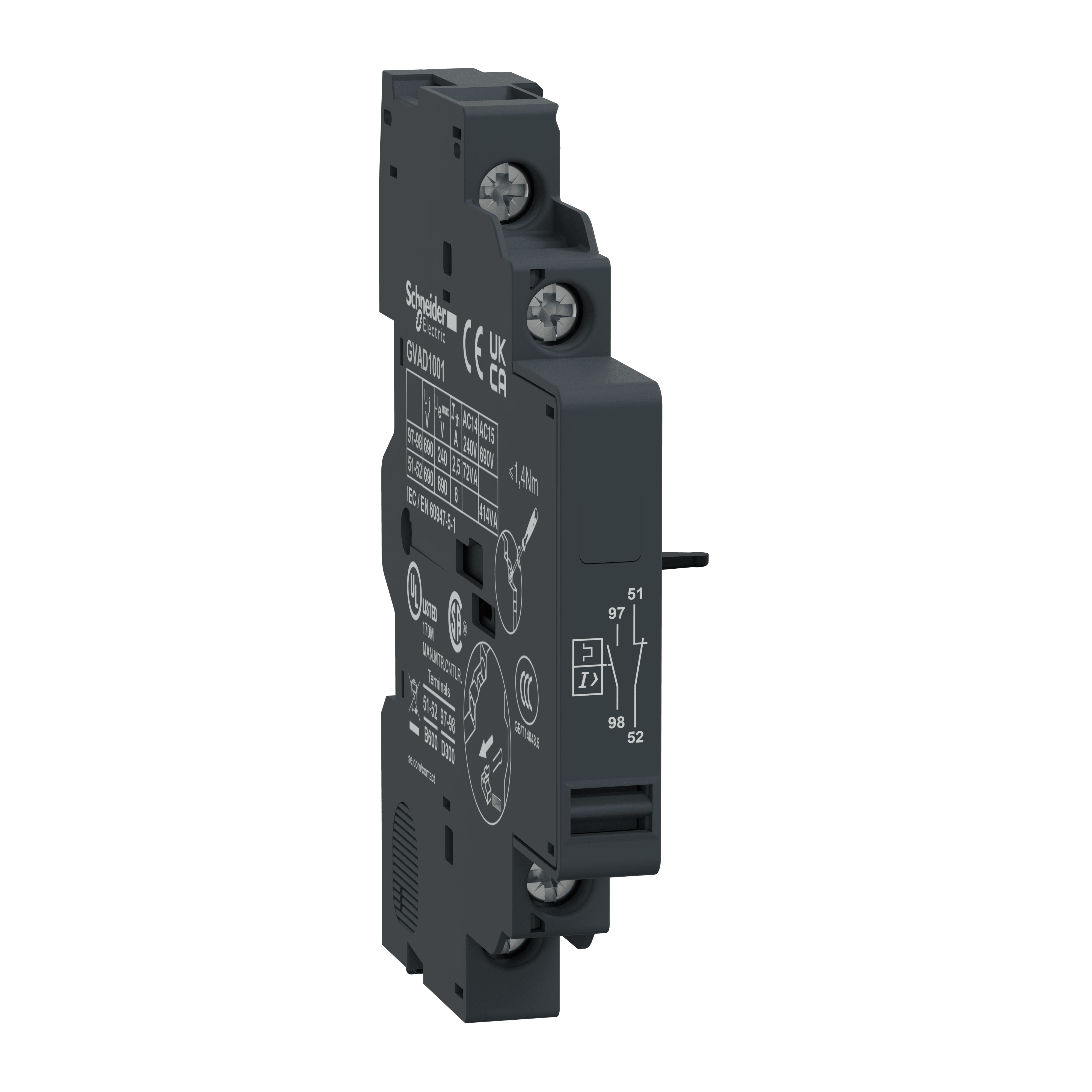 SCHNEIDER ELECTRIC - Contatti ausiliari istantanei, TeSys, GV2/GV3, 1NO guasto 1NC connessione viti serrafilo lato sinistro