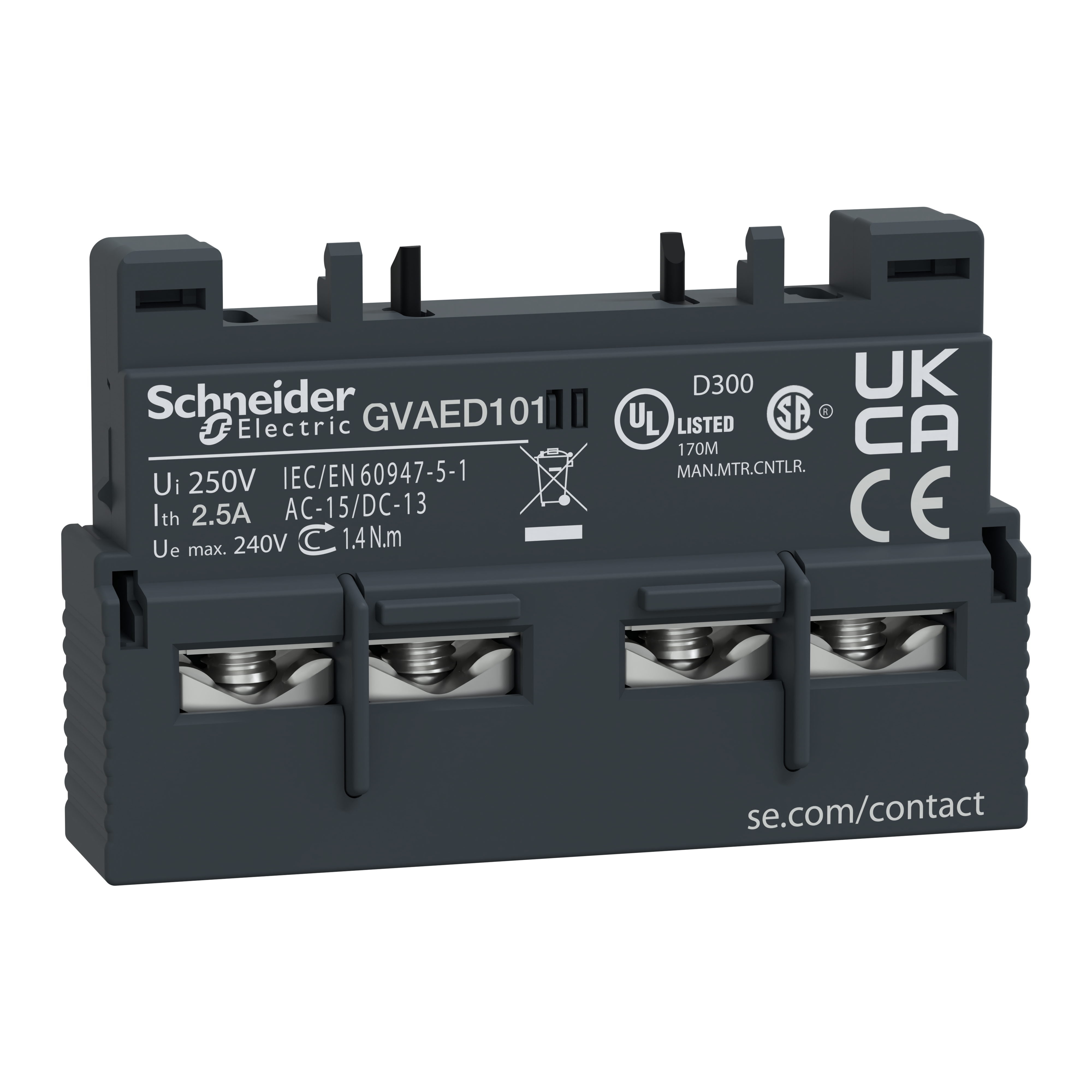 SCHNEIDER ELECTRIC - Contatti ausiliari istantanei, TeSys, GV2/GV3P/GV3L, 1NO guasto 1NO, collegamento viti serrafilo frontale