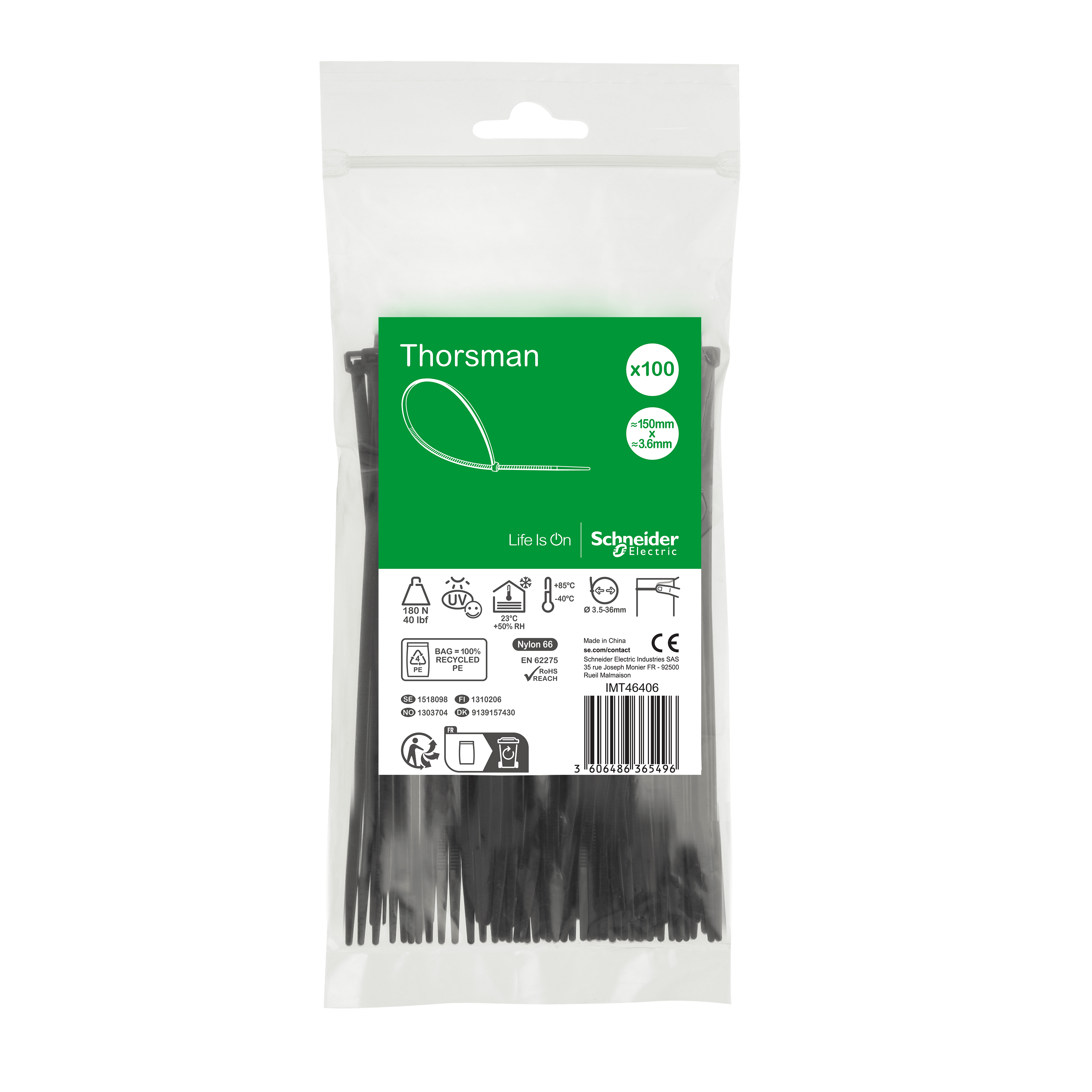 SCHNEIDER ELECTRIC - Accessori, Mureva Tube & Fix, Fascette di Cablaggio, 150x3.6mm, nero - [prezzo per 100 pz] IMT46406
