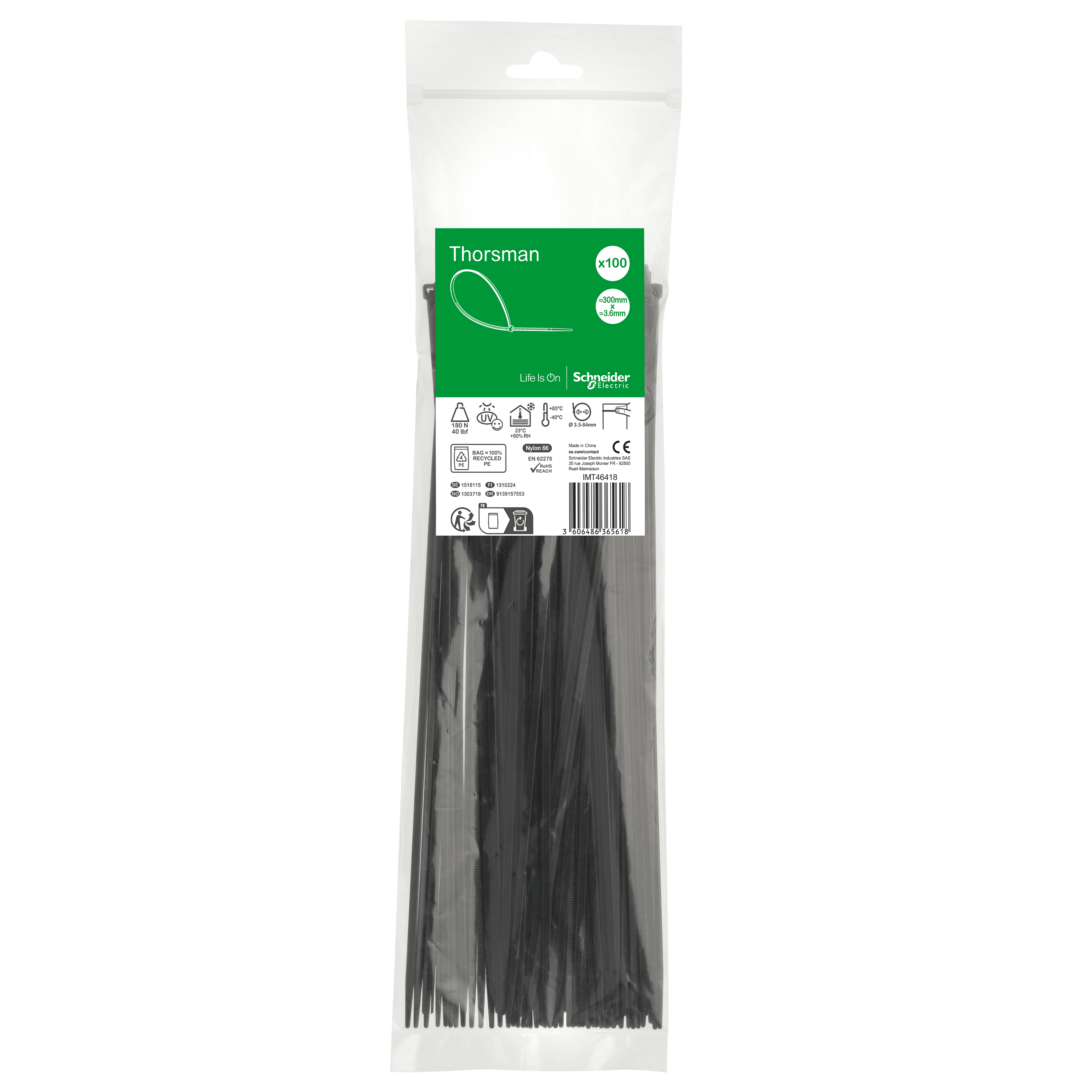 SCHNEIDER ELECTRIC - Accessori, Mureva Tube & Fix, Fascette di Cablaggio, 300x3.6mm, nero - [prezzo per 100 pz] IMT46418