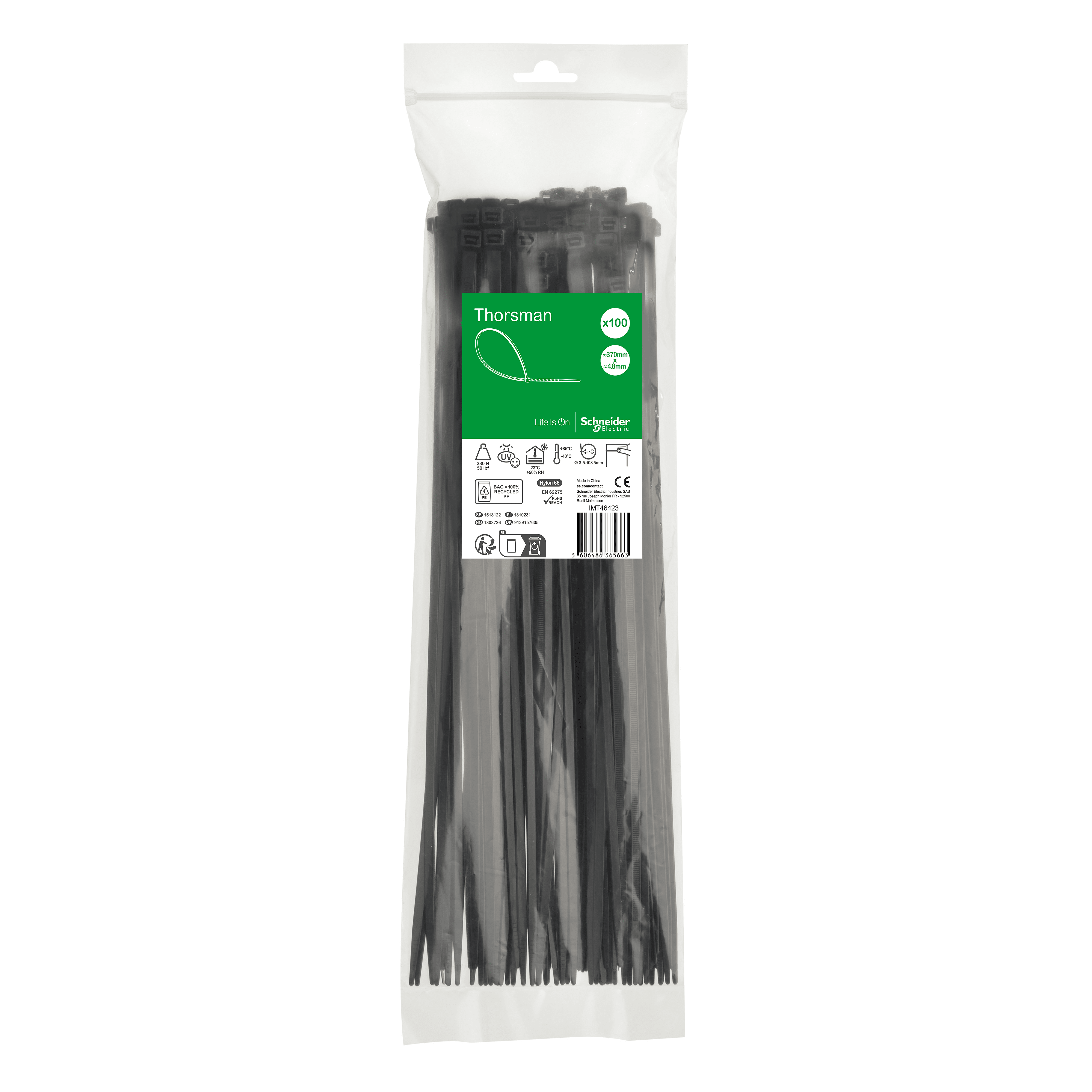 SCHNEIDER ELECTRIC - Accessori, Mureva Tube & Fix, Fascette di Cablaggio, 370x4.8mm, nero - [prezzo per 100 pz] IMT46423