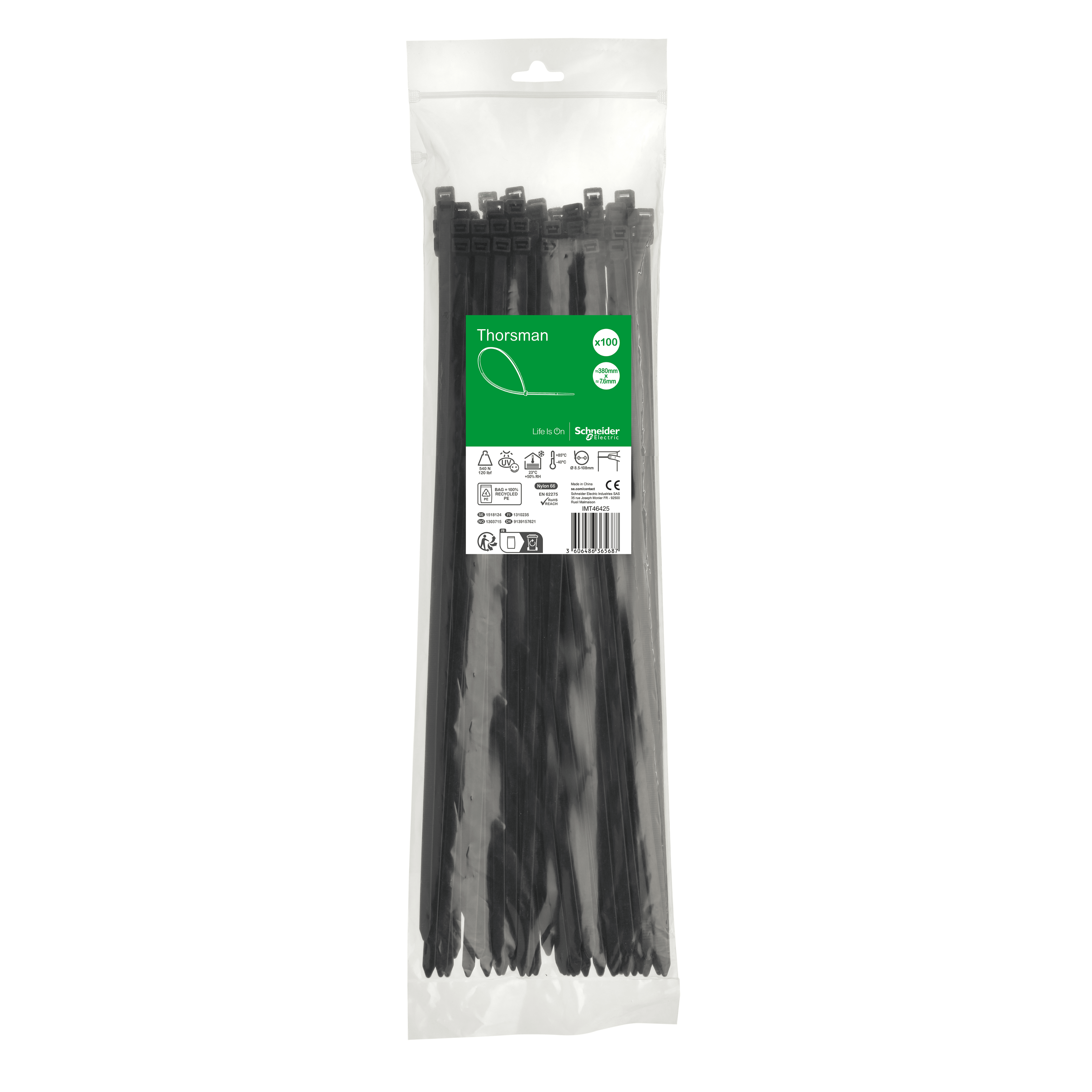 SCHNEIDER ELECTRIC - Accessori, Mureva Tube & Fix, Fascette di Cablaggio, 380x7.6mm, nero - [prezzo per 100 pz]