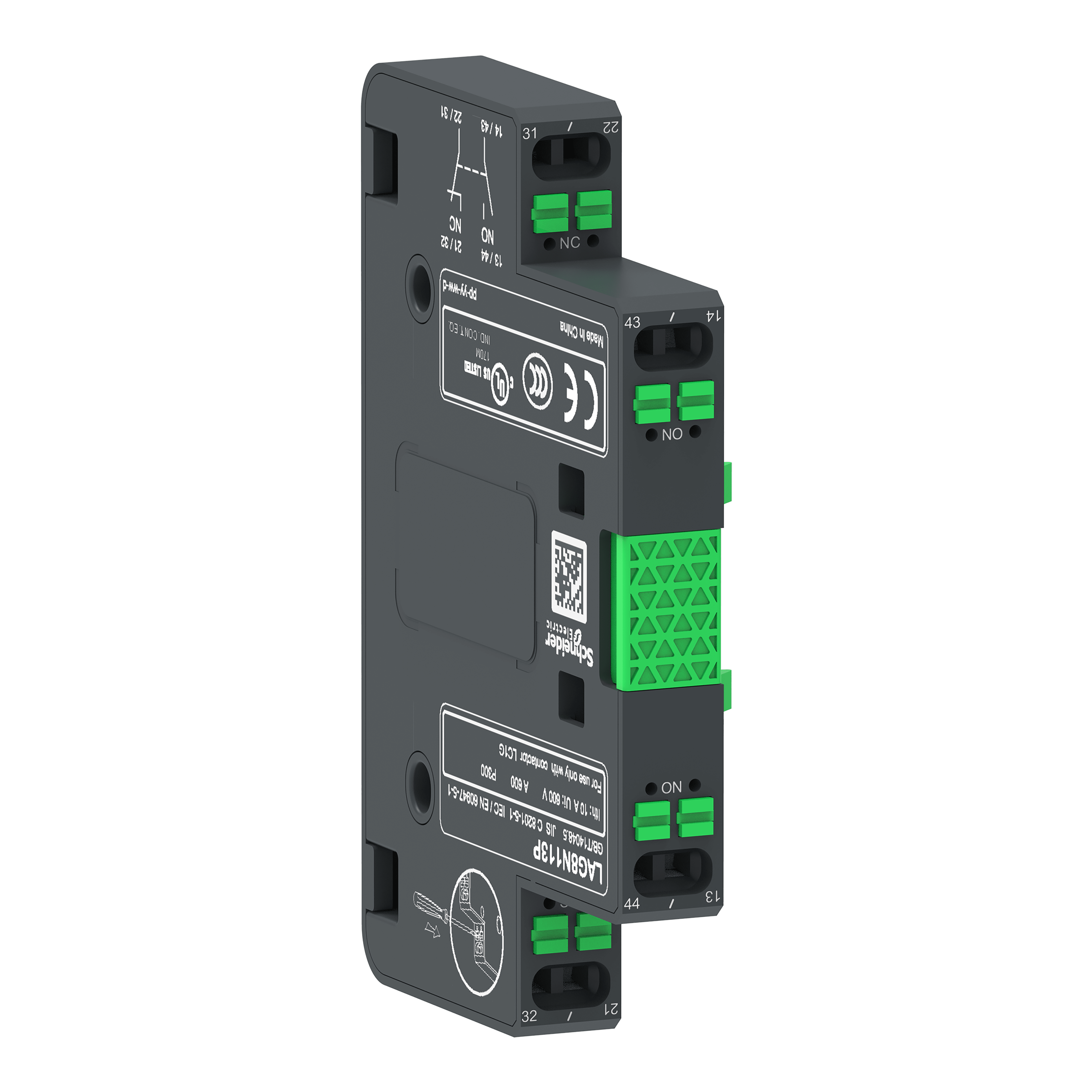 SCHNEIDER ELECTRIC - Blocco contatti ausiliari, TeSys Giga 1NO + 1NC,montaggio laterale,terminali push-in L1/R1 LAG8N113P