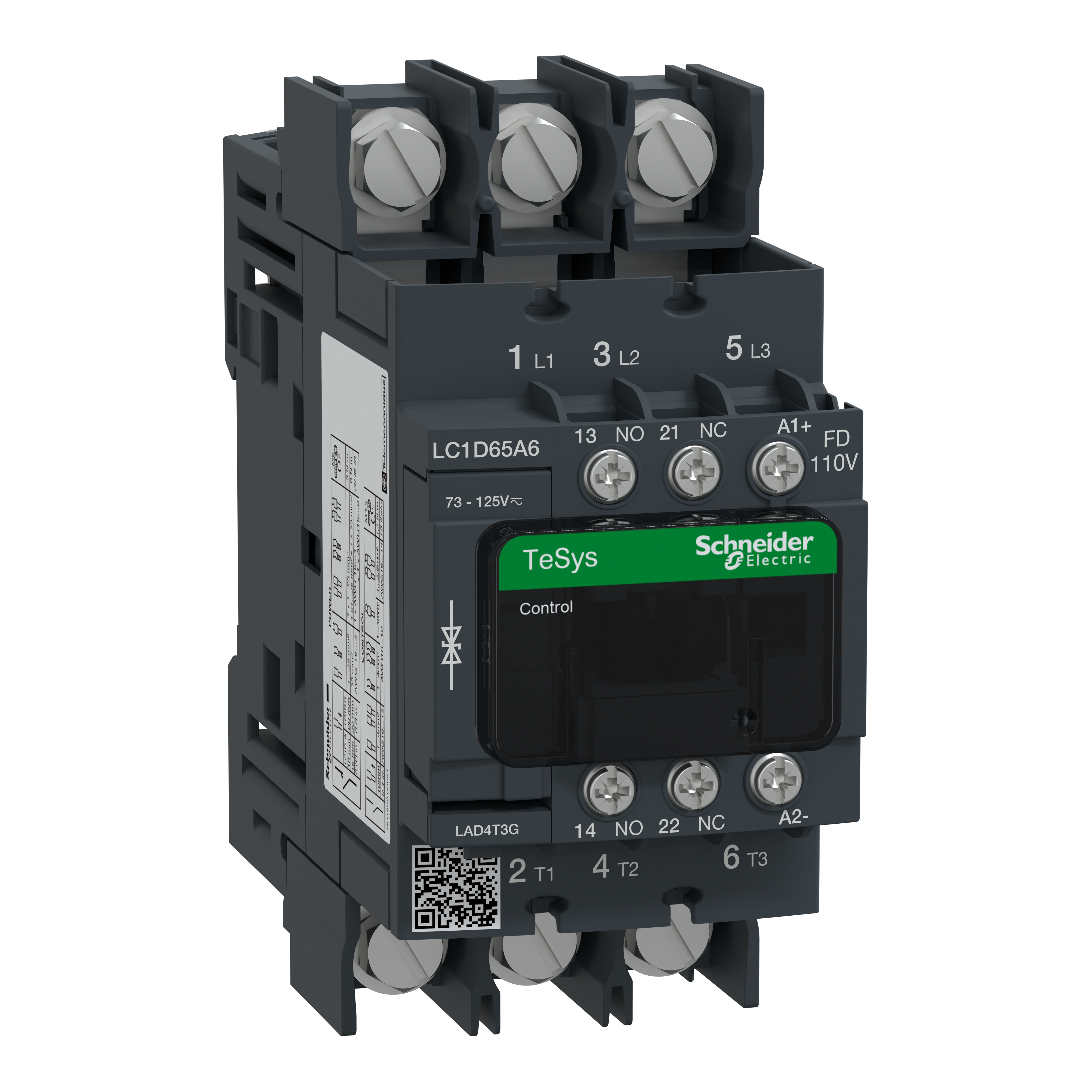 SCHNEIDER ELECTRIC - Contactor, TeSys Deca, 3P(3 NO), AC-3/AC-3e, <=400V, 65A, 110V DC standard coil, lugs-ring terminals