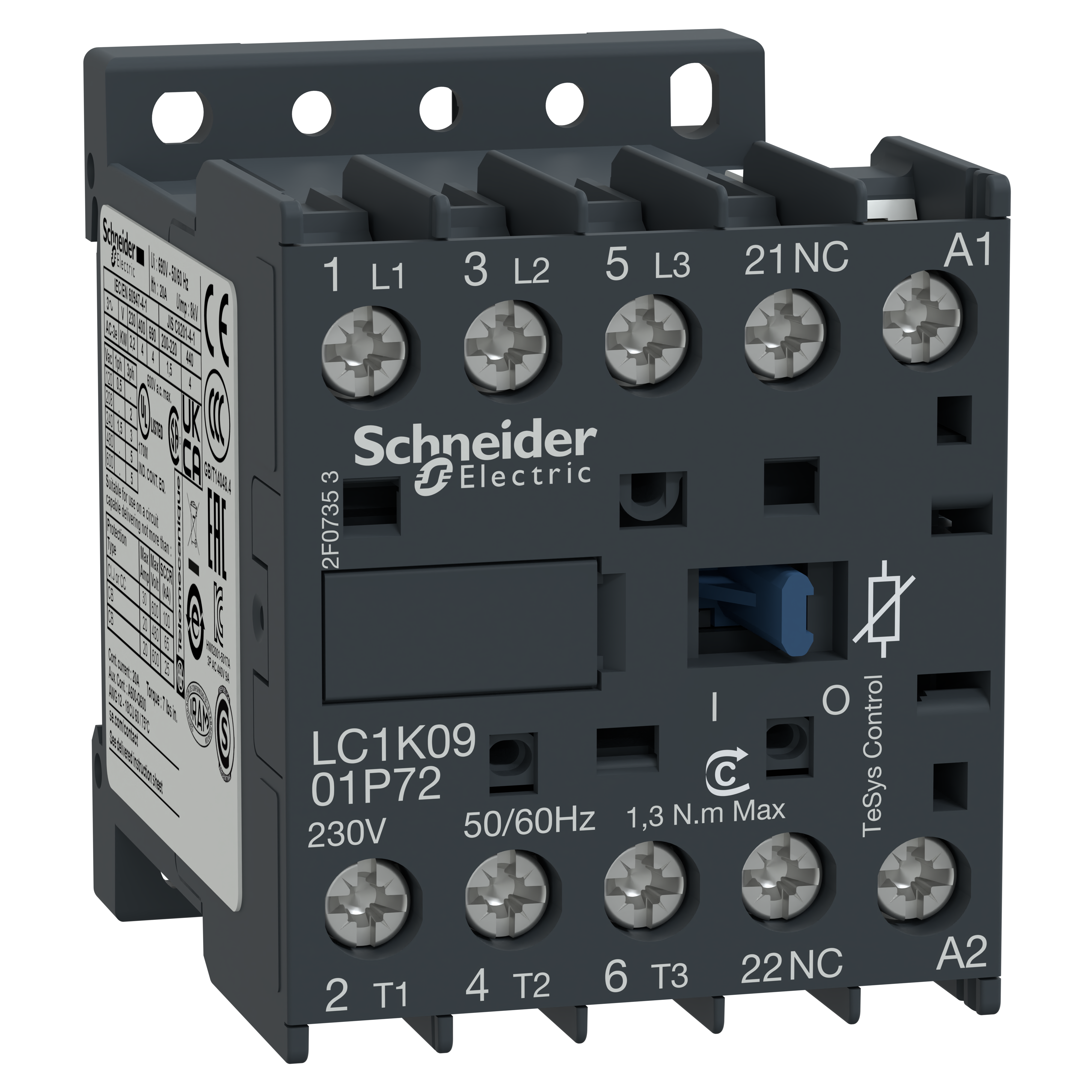 SCHNEIDER ELECTRIC - Contactor, TeSys K, 3P, AC-3/AC-3e,440V 9A, 1NC aux, 230V AC coil, with integral suppression device