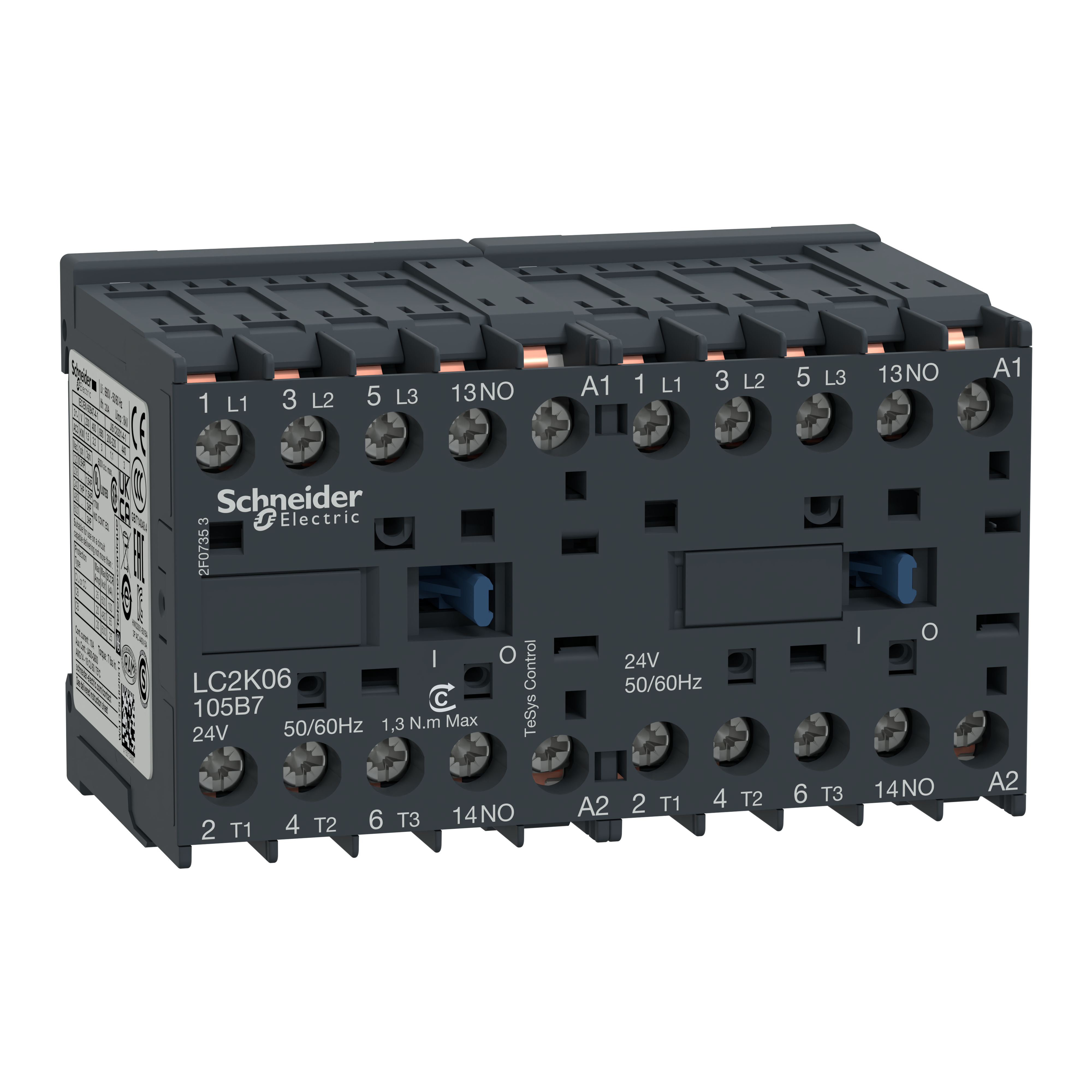 SCHNEIDER ELECTRIC - reversing Contactor, TeSys K, 3P, AC-3/AC-3e,440V 6A, 1NO, 24V AC coil, solder pins