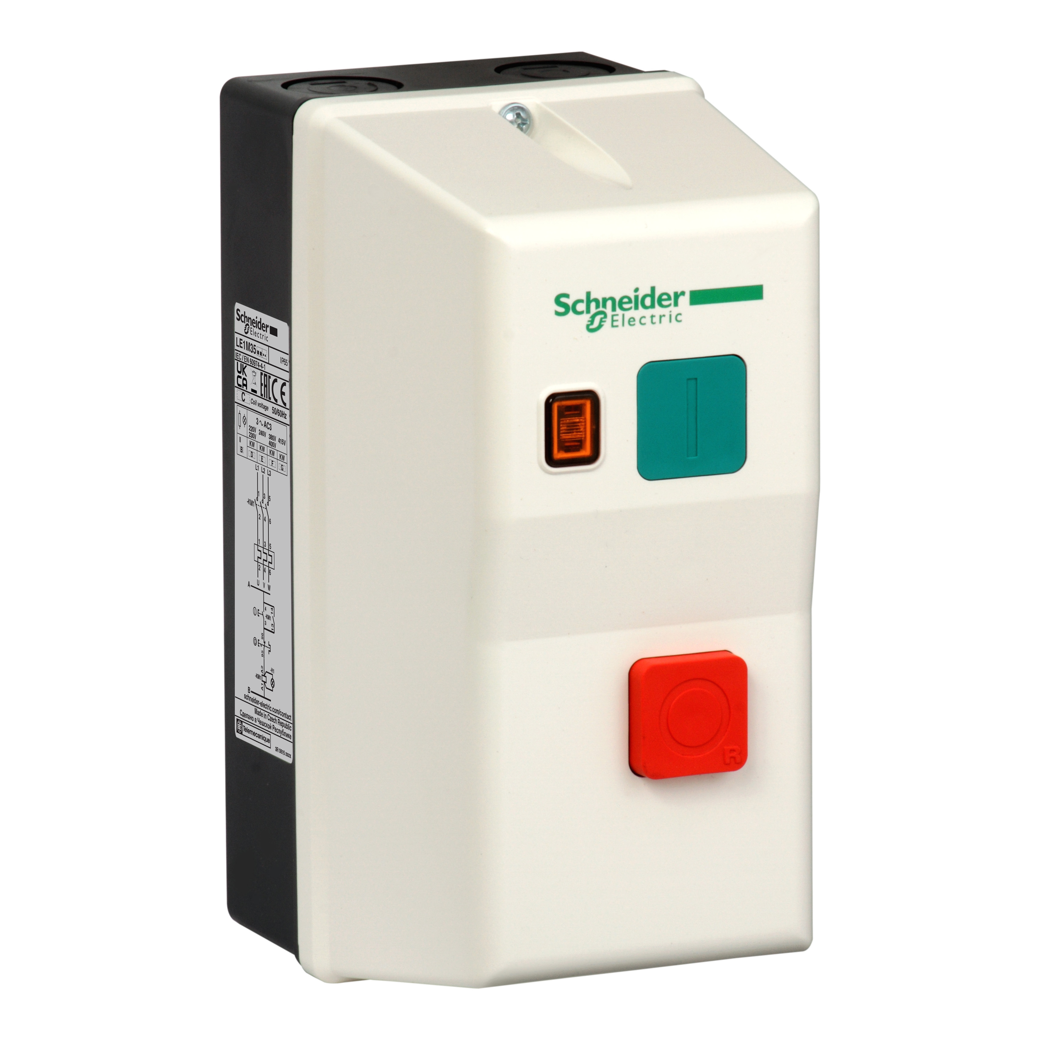 SCHNEIDER ELECTRIC - Enclosed DOL starter,TeSys LE,3.7-5.5A,240V AC coil,including 1 LC1K,LR2K,2 pushbuttons,yellow indicator
