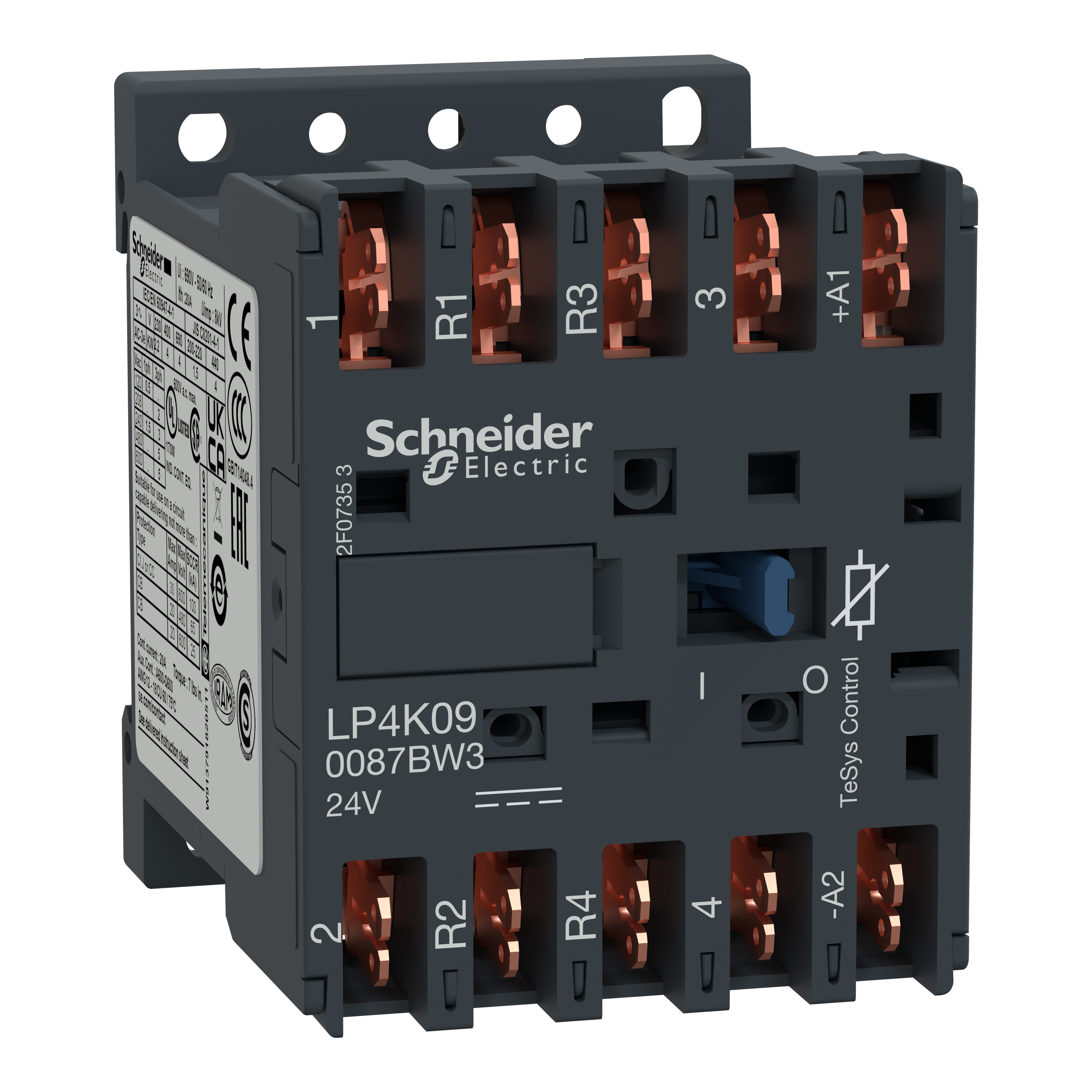 SCHNEIDER ELECTRIC - Contattore, TeSys K, 4P(2NO+2NC),AC-1, 440V, 20A,bobina a basso assorbimento 24V DC connettori faston