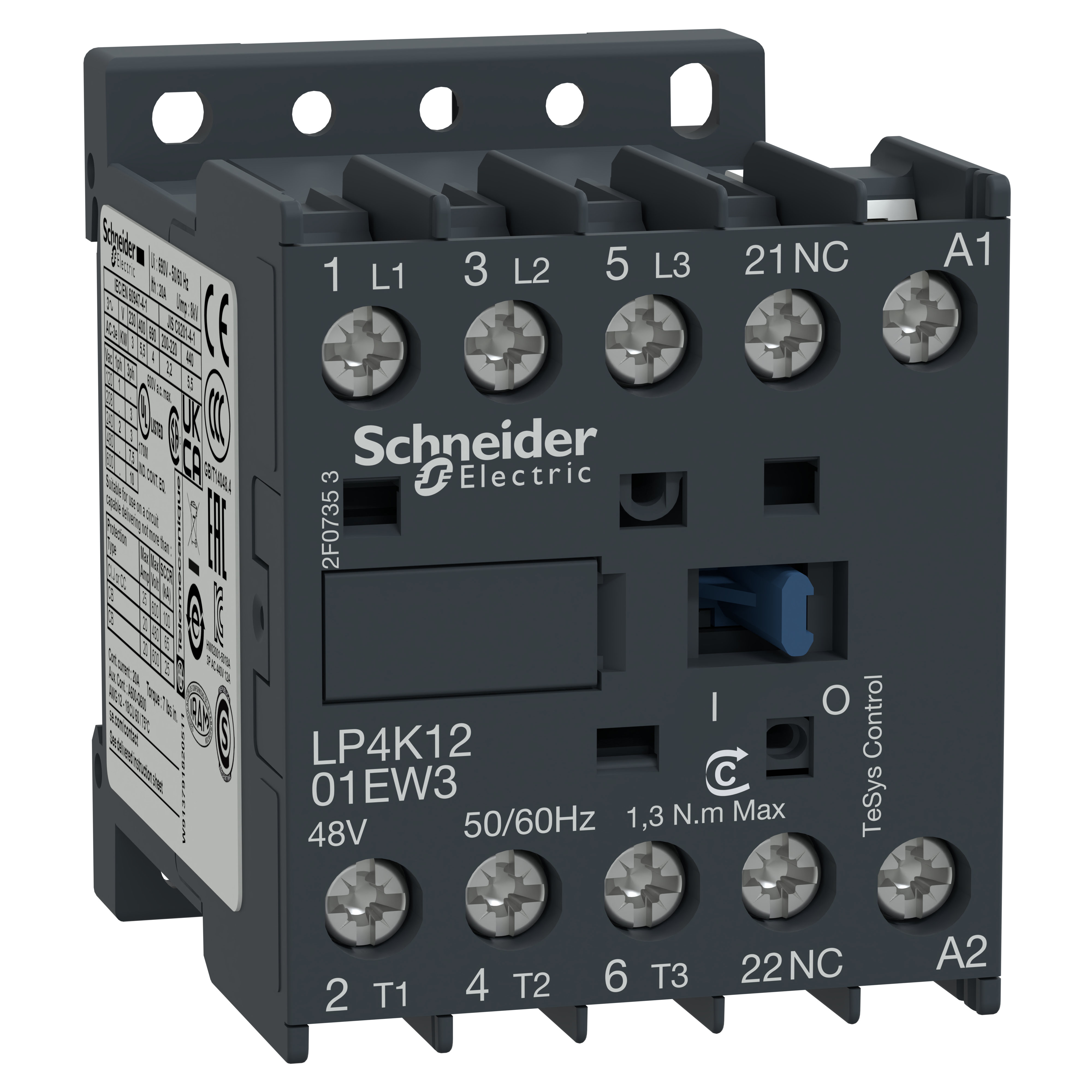 SCHNEIDER ELECTRIC - Contactor, TeSys K, 3P, AC-3/AC-3e, 440V, 12A, 1NC aux, 48V DC low consumption coil