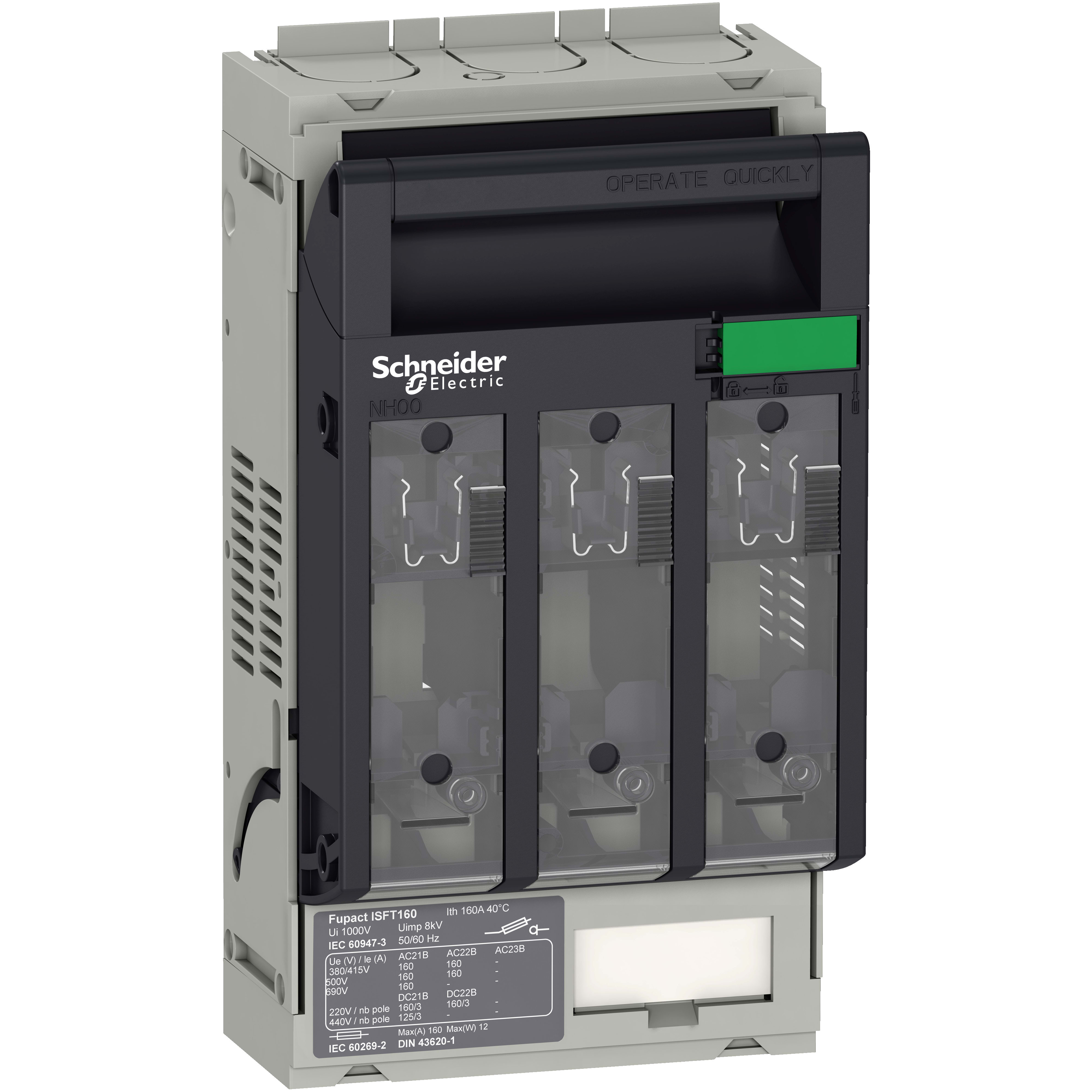 SCHNEIDER ELECTRIC - Interruttore-sezionatore con fusibili, FuPact, FuPacT ISFT160, 160A, DIN NH00, 3 poli, mors. attacco cavi, 2.5mm²/95mm² connettori