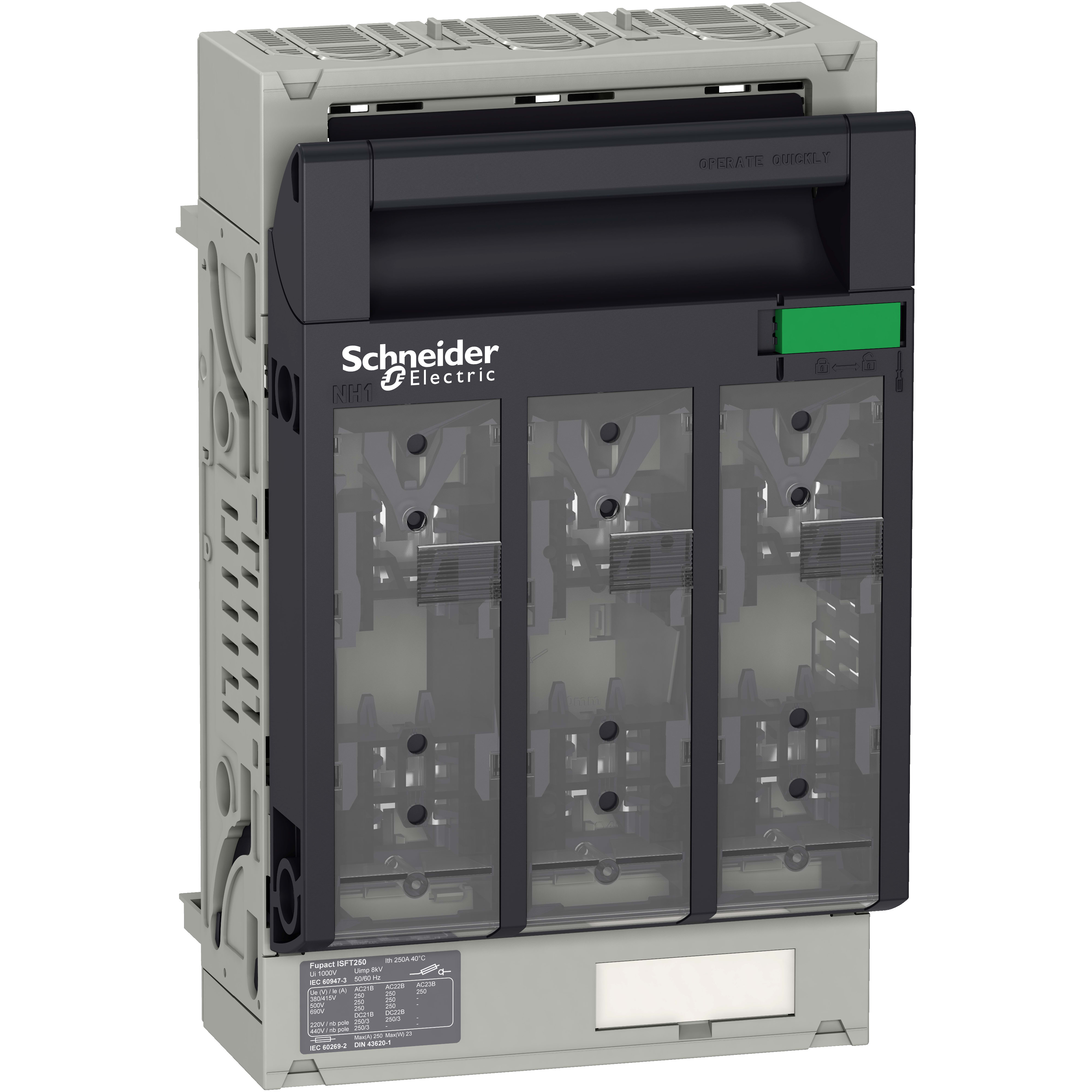 SCHNEIDER ELECTRIC - Interruttore-sezionatore con fusibili, FuPact, FuPacT ISFT250, 250A, DIN NH1, 3 poli, mont. aggancio 60mm