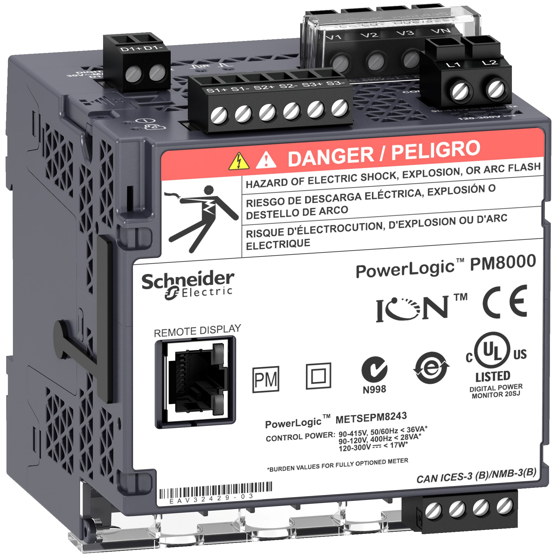 SCHNEIDER ELECTRIC - PowerLogic PM8000 - PM8213 Misuratore di Power Quality 24Vcc - da guida DIN (no display)