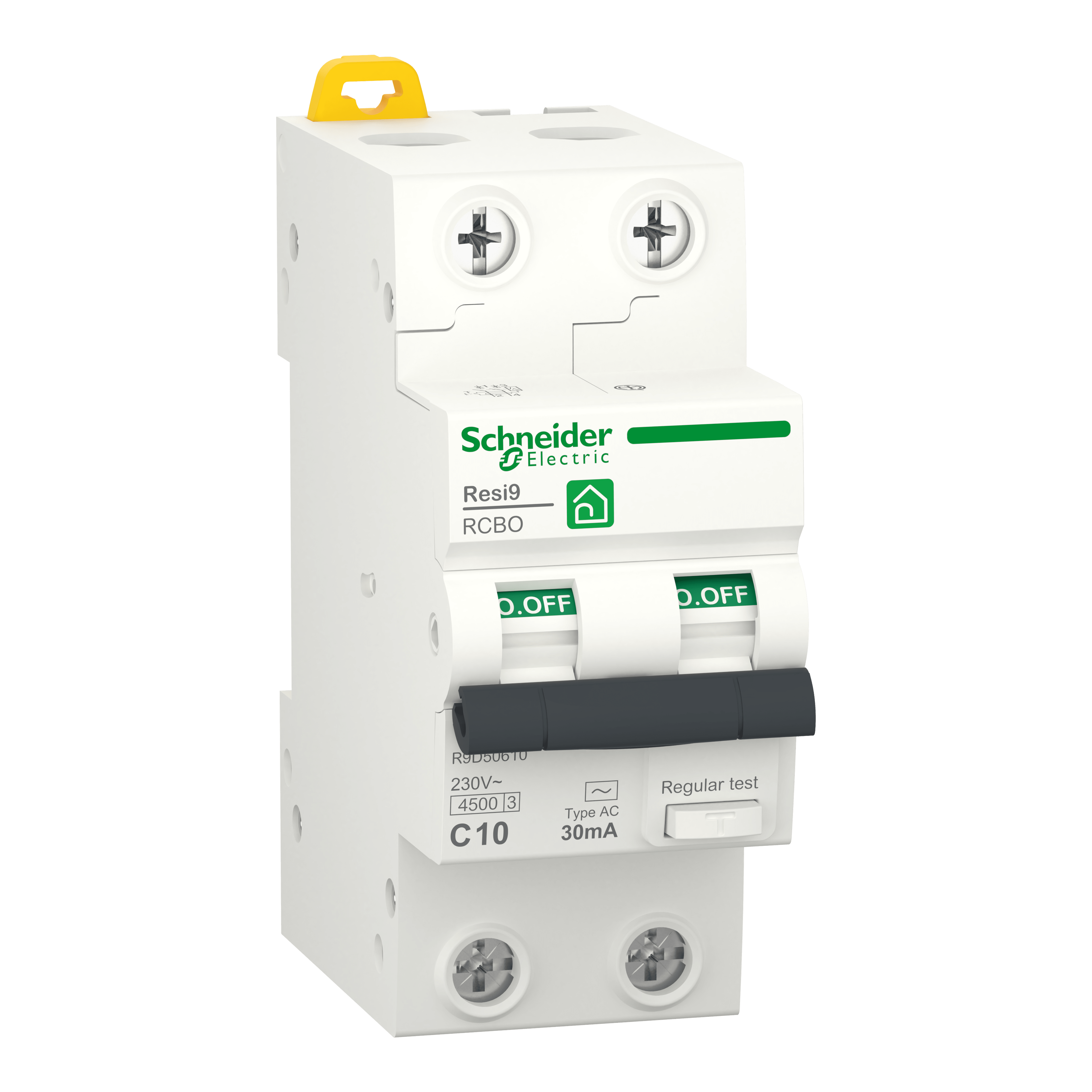 SCHNEIDER ELECTRIC - Interruttori magnetotermici differenziali (RCBO), Resi9, 2P, 10 A, curva C, 4500 A, 30 mA, Tipo AC R9D50610