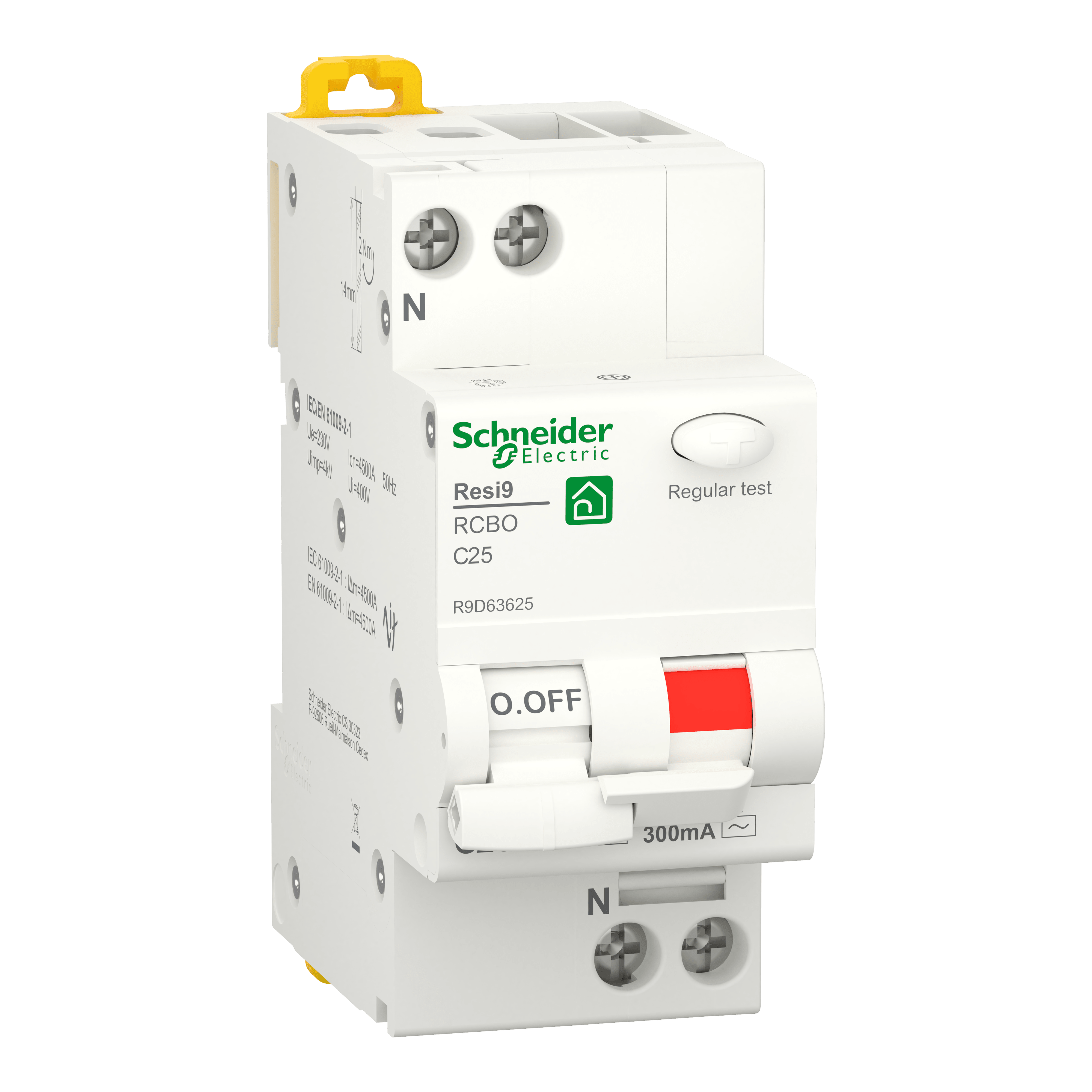 SCHNEIDER ELECTRIC - Interruttore magnetotermico differenziale (RCBO), Resi9, 1P+N, 25 A, curva C, 4500 A, tipo CA, 300 mA R9D63625