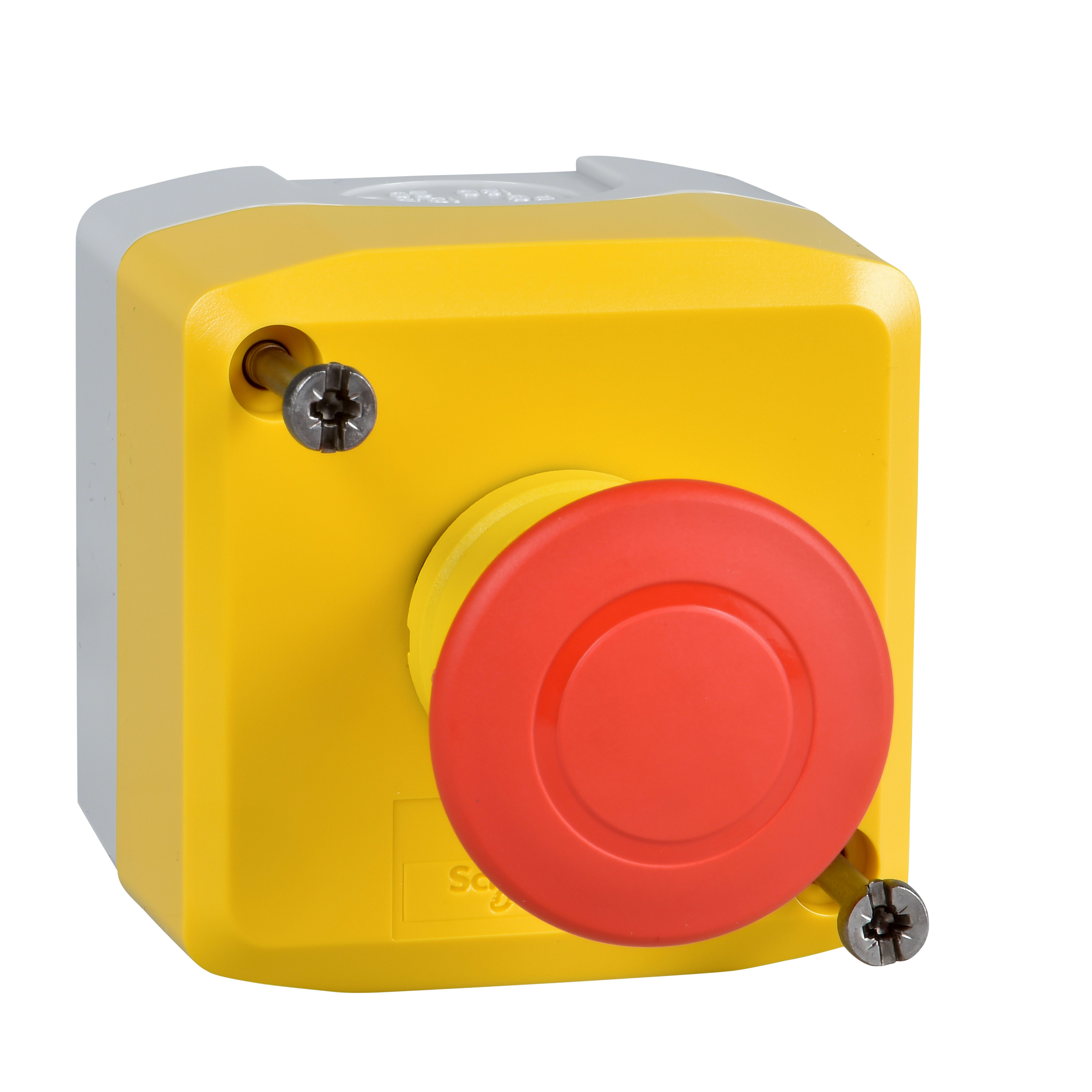 SCHNEIDER ELECTRIC - Pulsantiera GIALLA - 1 pulsante con testa a fungo rosso Ø40 premere-tirare 1 NC