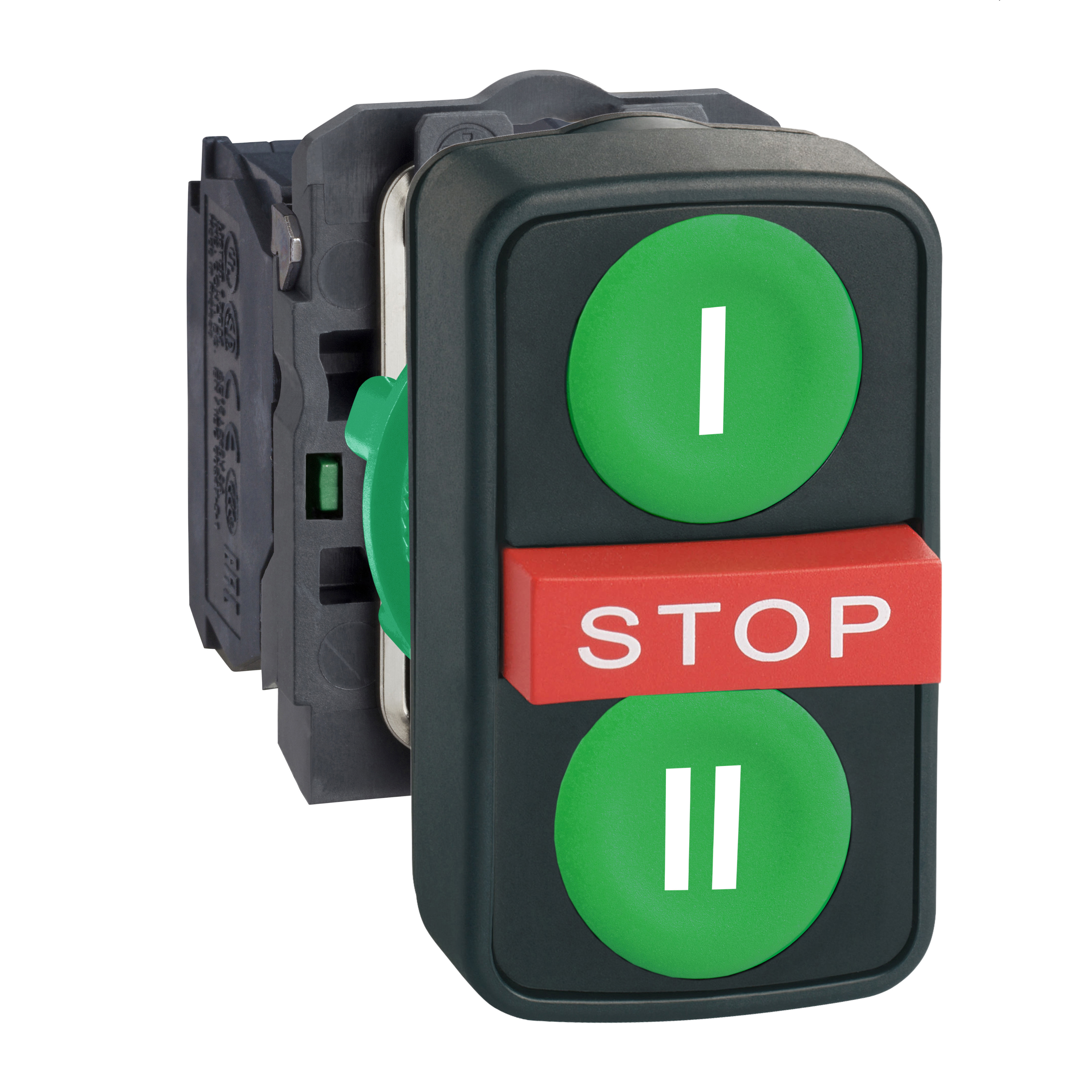SCHNEIDER ELECTRIC - Pulsante triplo verde filo/rosso sporgente/verde filo Ø22 1NO+1NC+1NO