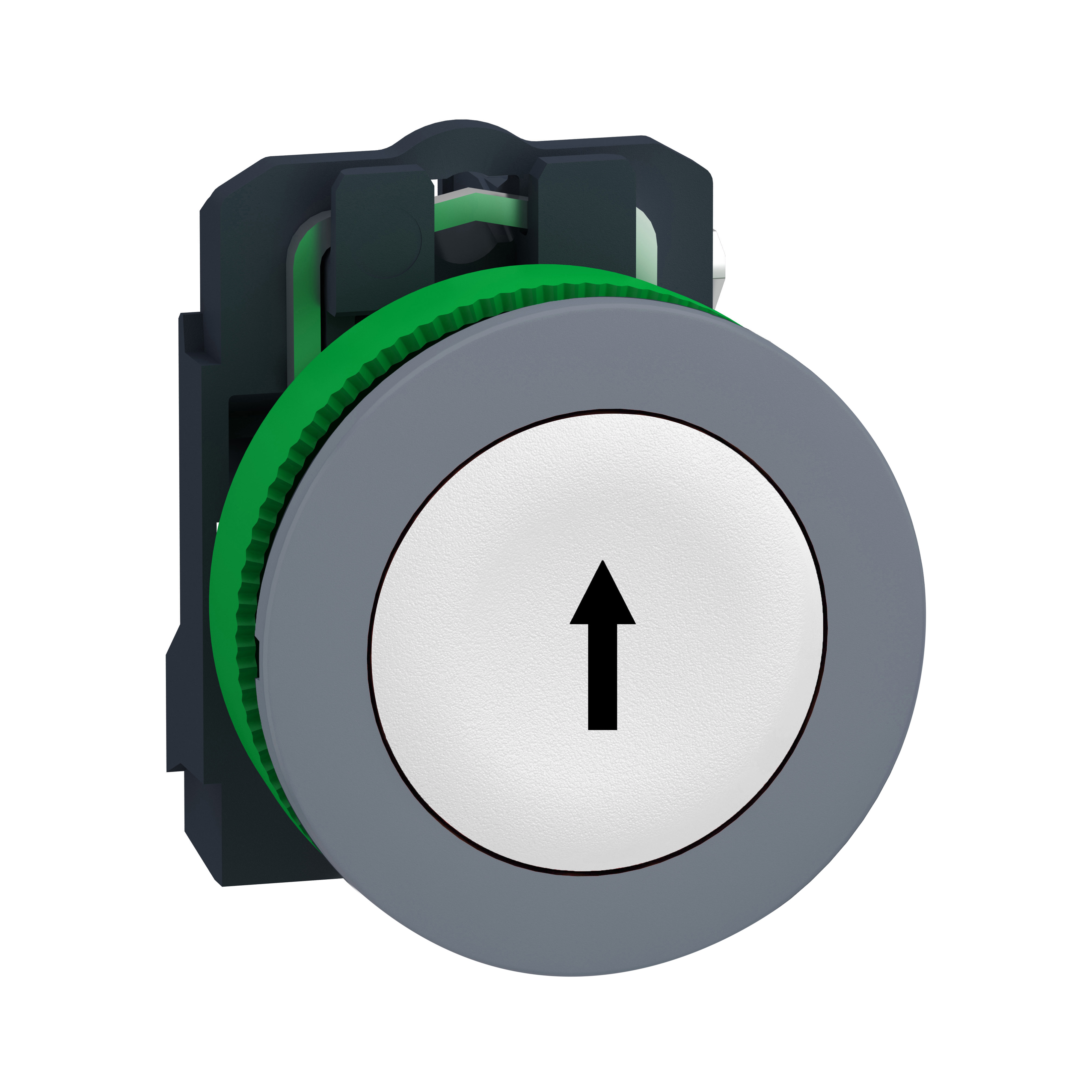 SCHNEIDER ELECTRIC - Pulsante, Harmony XB5, filopannello, plastica, bianco, 30mm, ad impulso, con marcatura freccia, 1 NO, ghiera grigia