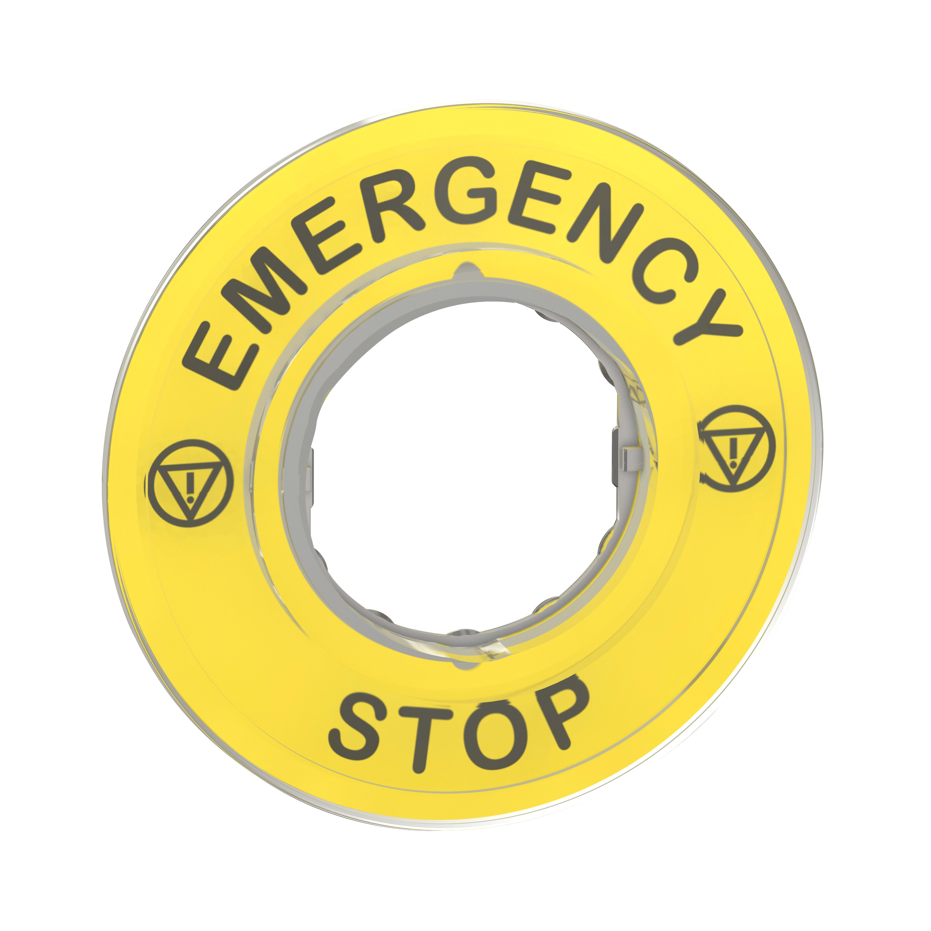 SCHNEIDER ELECTRIC - Etichetta circolare Ø60 - Harmony XB4, XB5 per pulsante arresto emergenza - gialla - plastica, con marcatura EMERGENCY STOP con logo ISO13850