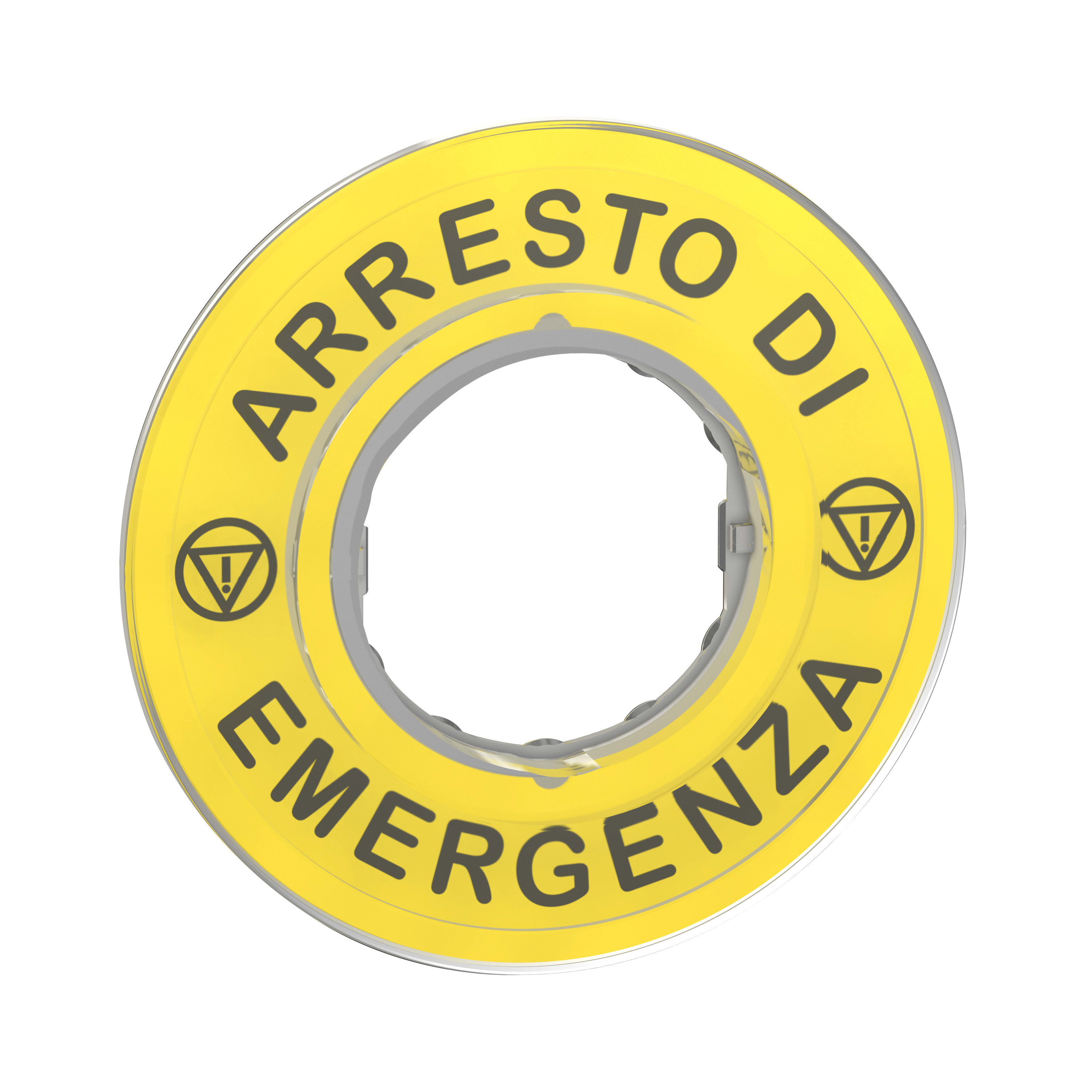 SCHNEIDER ELECTRIC - Etichetta circolare Ø60 - Harmony XB4, XB5 per pulsante arresto emergenza - gialla - plastica, con marcatura ARRESTO DI EMERGENZA con logo ISO13850