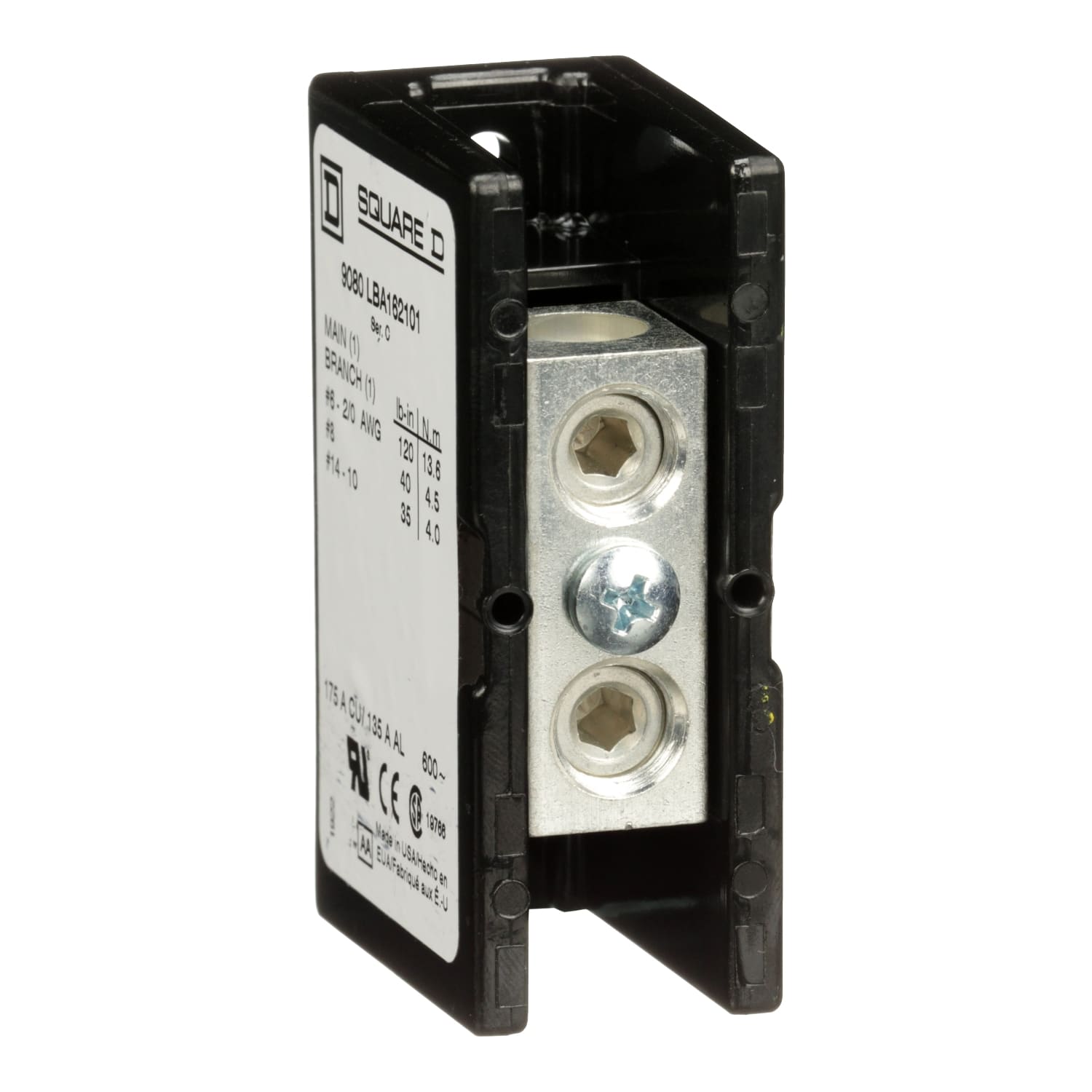 SCHNEIDER ELECTRIC - Power Distribution Block 1 Pole 1 Line 1 Load 600V 175A CU / 600V 135A AL