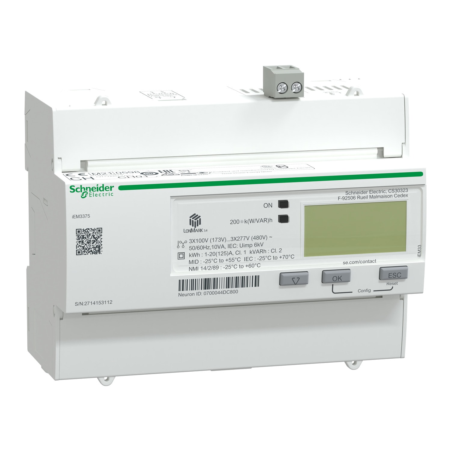 SCHNEIDER ELECTRIC - Contatore energia iEM3375 - 3P+N -inserzione diretta 125A - LON - MID