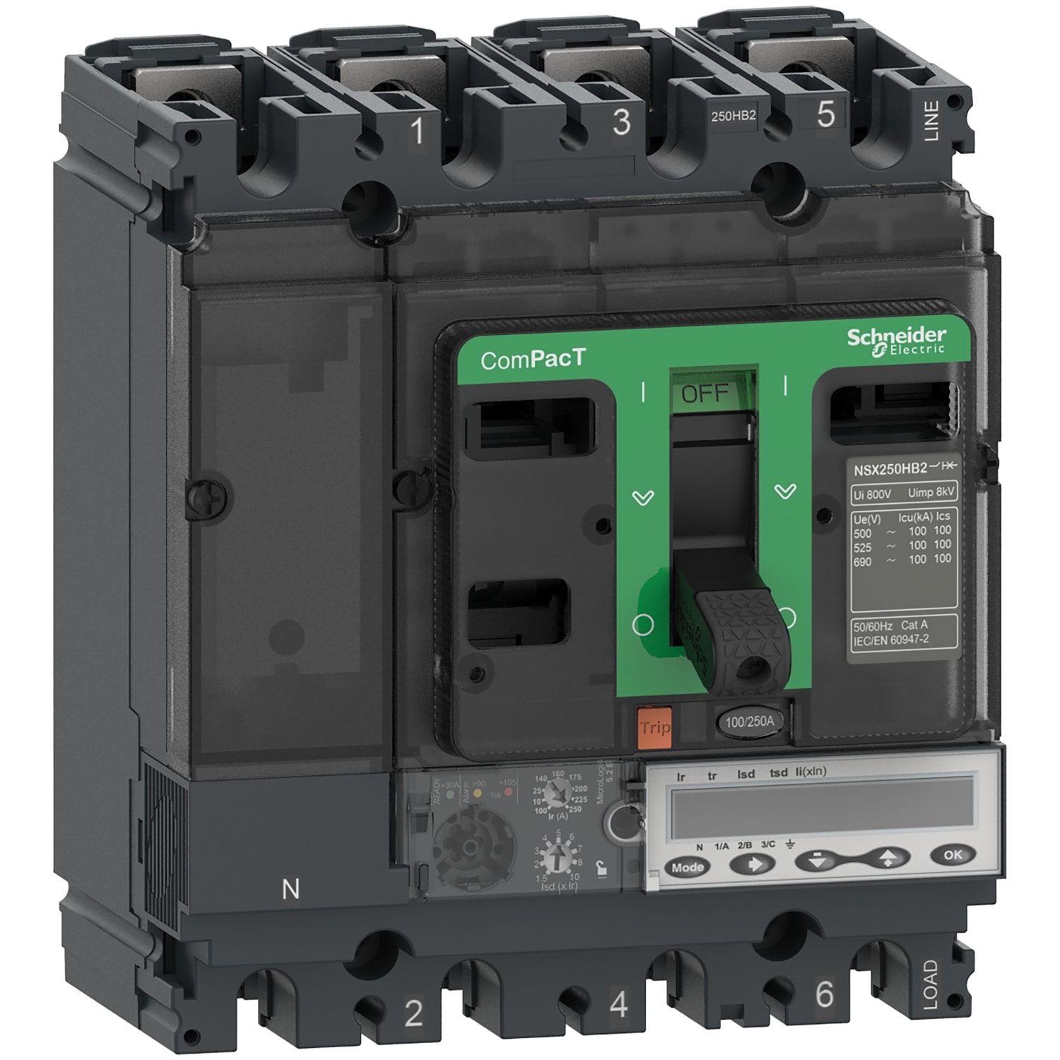SCHNEIDER ELECTRIC - Interruttore, ComPacT NSX100R, 200kA/415VAC, 4 poli, Sganciatore MicroLogic 5.2E 100A