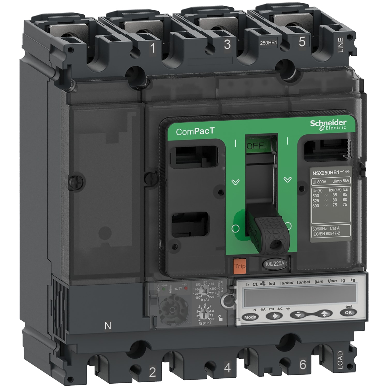 SCHNEIDER ELECTRIC - Interruttore, ComPacT NSX100HB1, 75kA/690VAC, 3 poli, Sganciatore MicroLogic 6.2E-M 80A