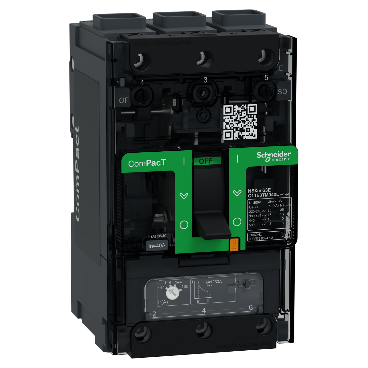 SCHNEIDER ELECTRIC - interruttore, ComPacT NSXm 100E, 16kA/415VAC, 3 poli, Sganciatore TMD 40A, connettori EverLink