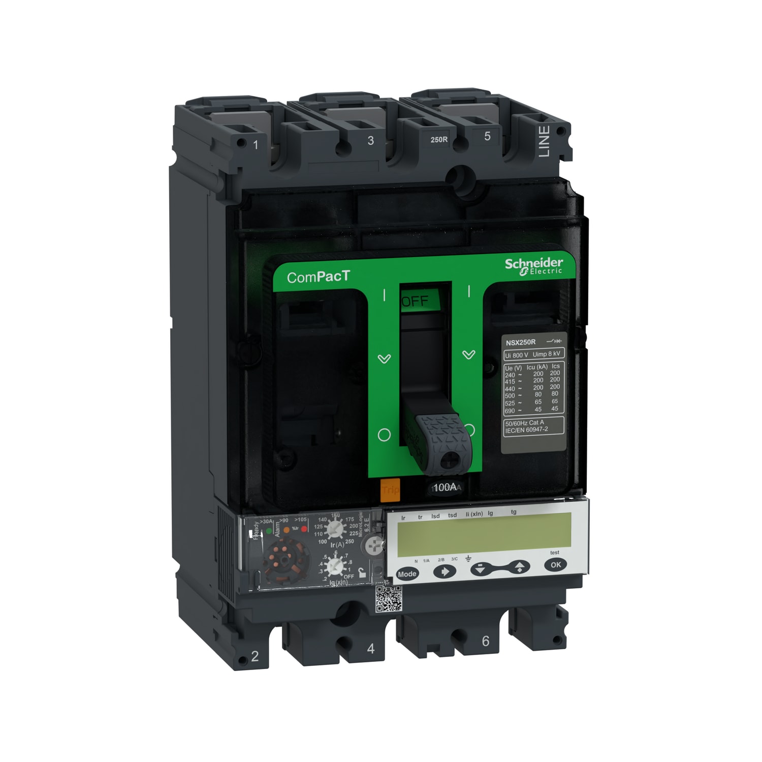 SCHNEIDER ELECTRIC - Interruttore, ComPacT NSX250R, 200kA/415VAC, 3 poli, Sganciatore MicroLogic 6.2E 100A