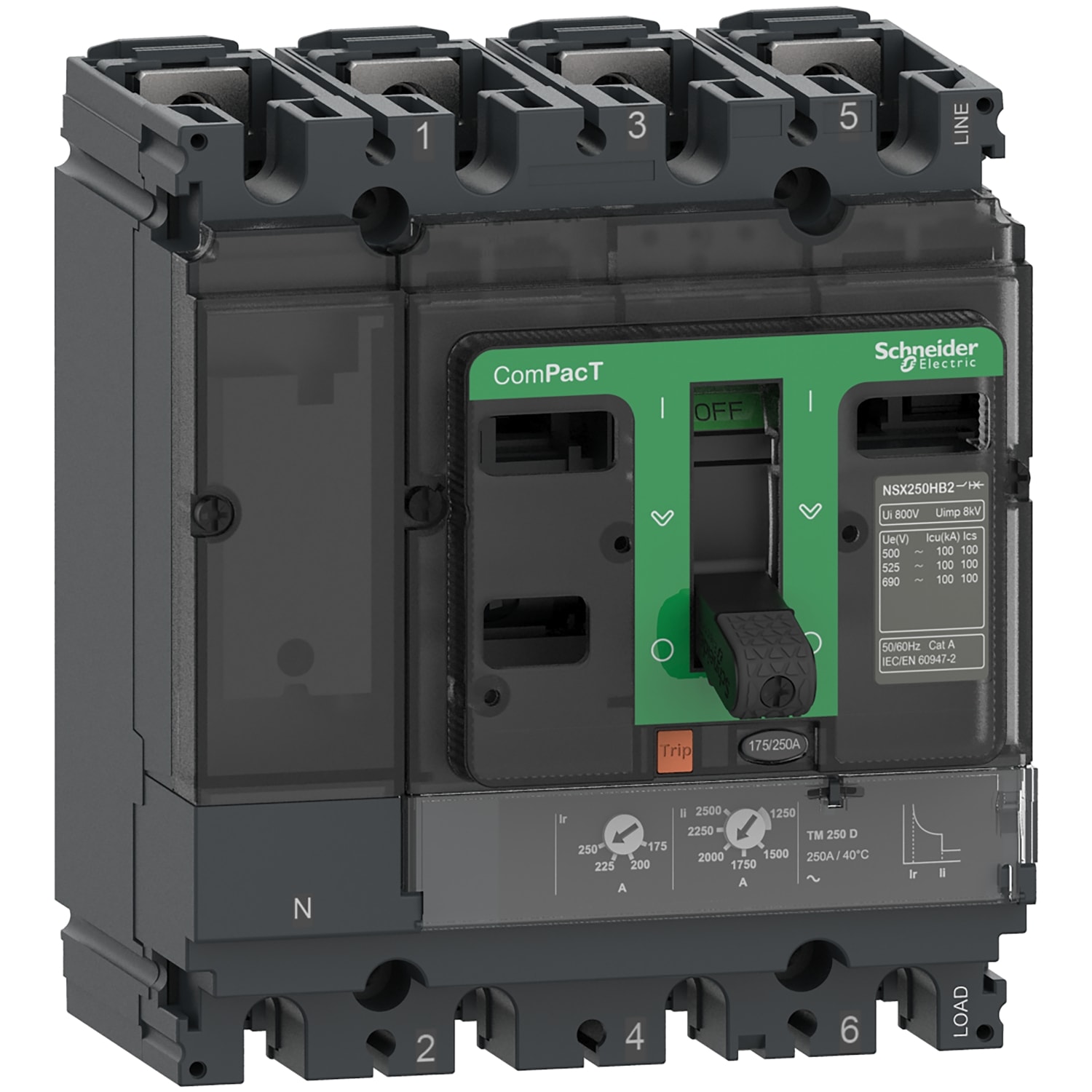 SCHNEIDER ELECTRIC - Interruttore, ComPacT NSX250R, 200kA/415VAC, 4 poli 4D (neutro totalmente protetto), Sganciatore TMD 160A