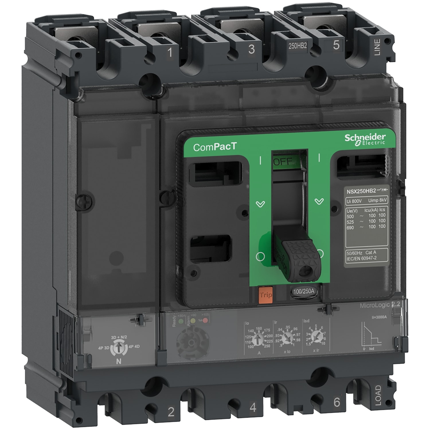 SCHNEIDER ELECTRIC - Interruttore, ComPacT NSX250HB1, 75kA/690VAC, 4 poli, Sganciatore MicroLogic 2.2 100A