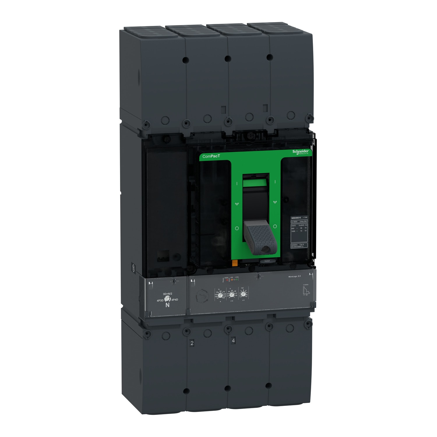 SCHNEIDER ELECTRIC - Interruttore, ComPacT NSX400K, 36kA/800VAC, 10kA/1000VAC, 4 poli, Sganciatore MicroLogic 2.3, 400A