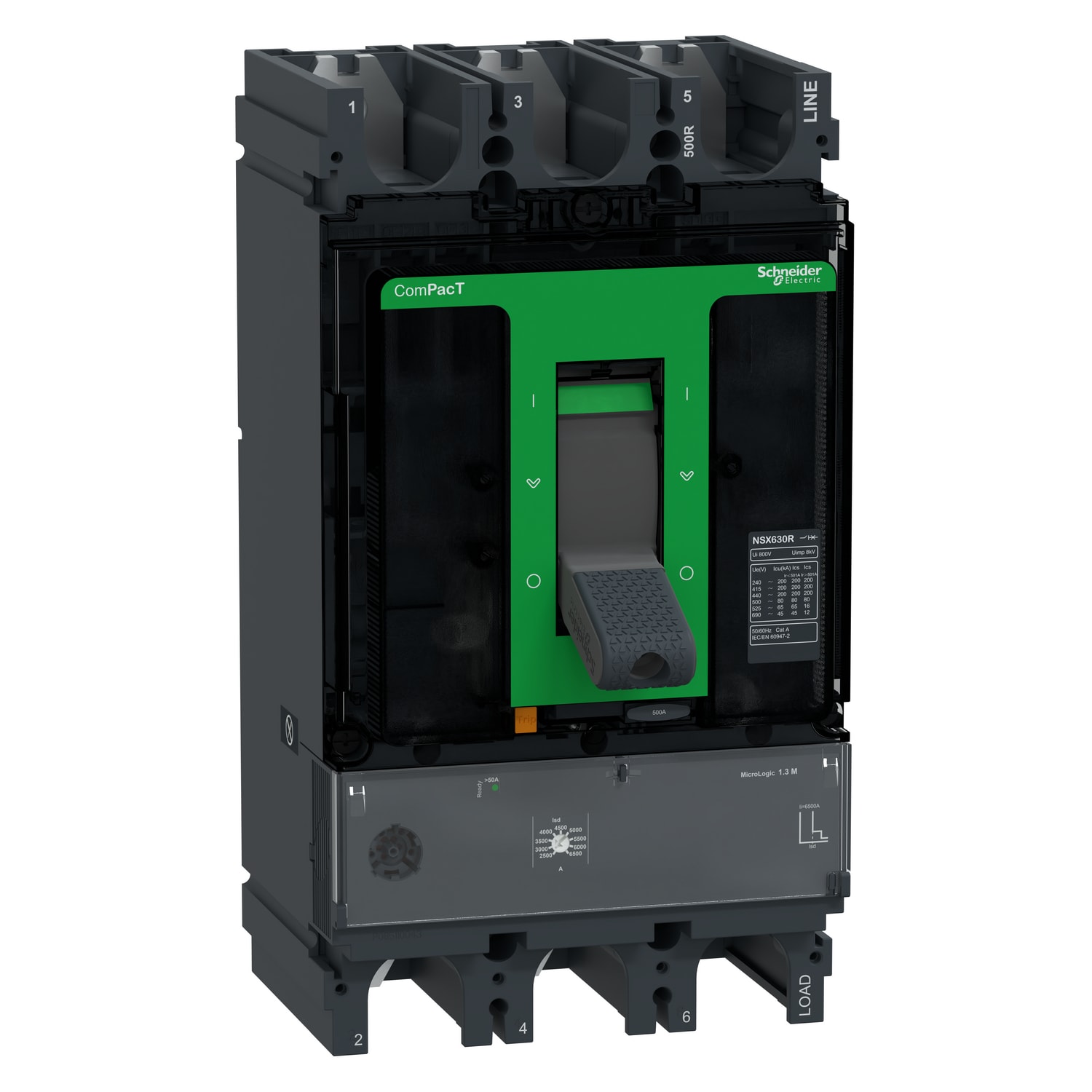 SCHNEIDER ELECTRIC - Interruttore, ComPact NSX630R, 200kA/415VAC, 3 poli, Sganciatore MicroLogic 1,3M 500A