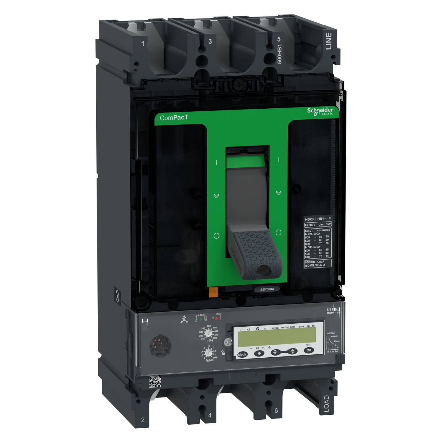 SCHNEIDER ELECTRIC - Interruttore, ComPacT NSX630HB1, 75kA/690VAC, 3 poli, Sganciatore MicroLogic 6.3E-M 500A