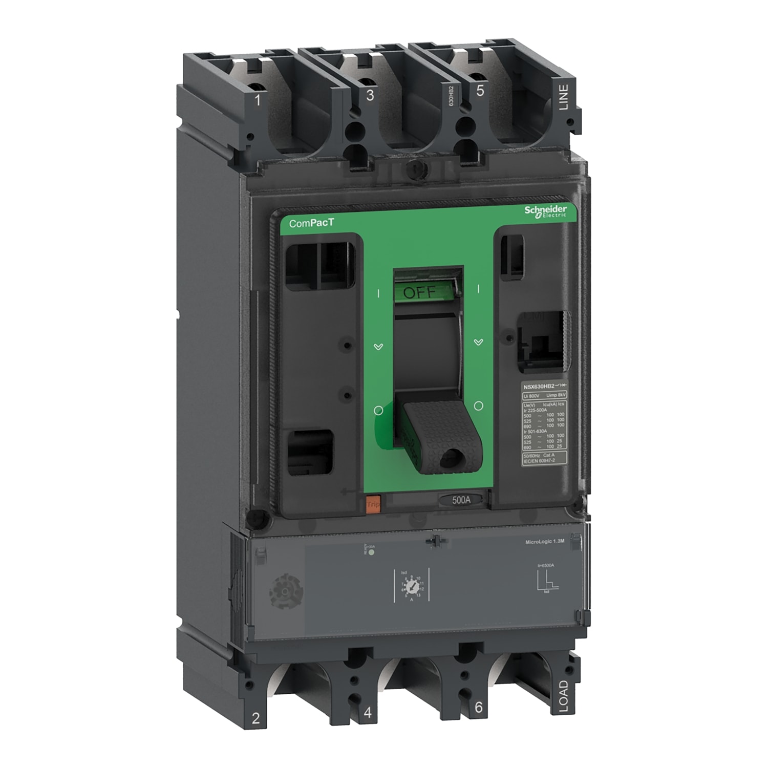SCHNEIDER ELECTRIC - Interruttore, ComPact NSX630HB2, 100kA/690VAC, 3 poli, Sganciatore MicroLogic 1,3M 500A