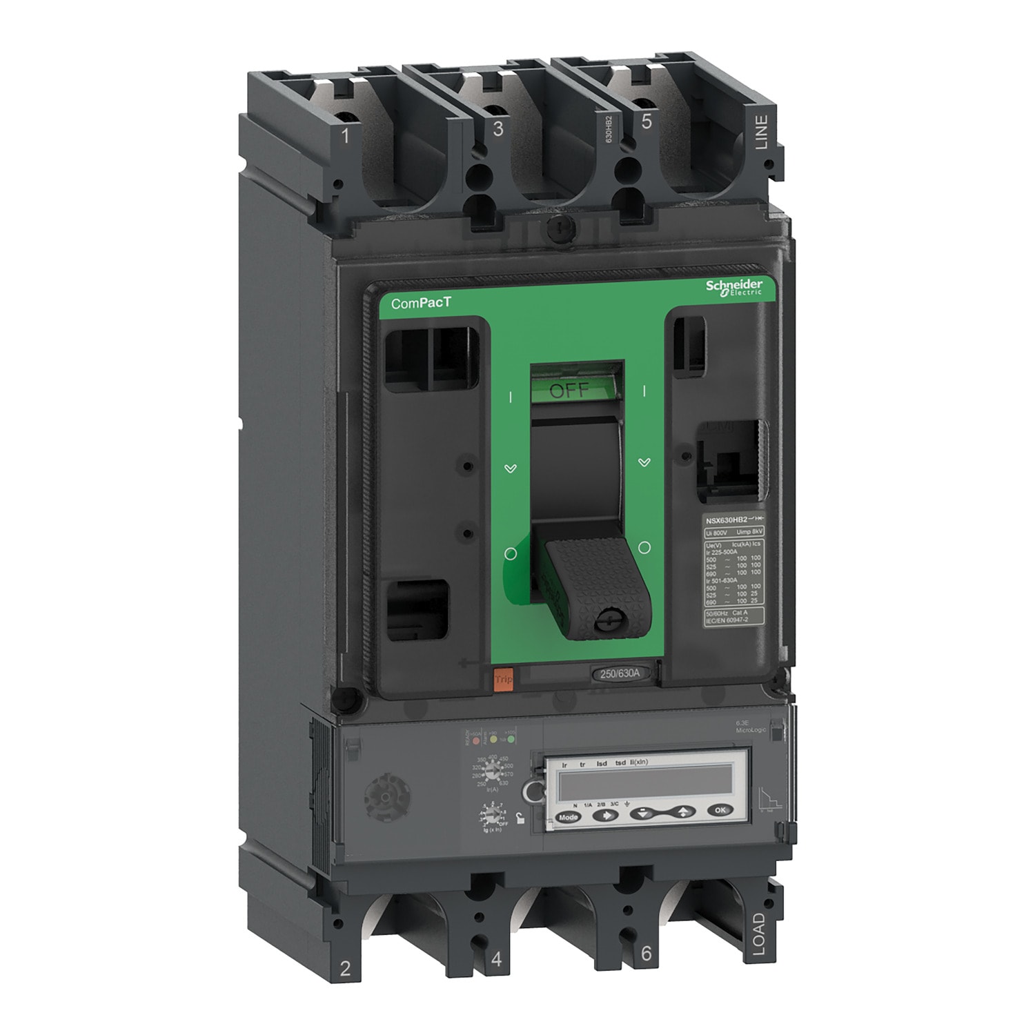 SCHNEIDER ELECTRIC - Interruttore, ComPacT NSX630HB2, 100kA/690VAC, 3 poli, Sganciatore MicroLogic 6.3E-M 500A