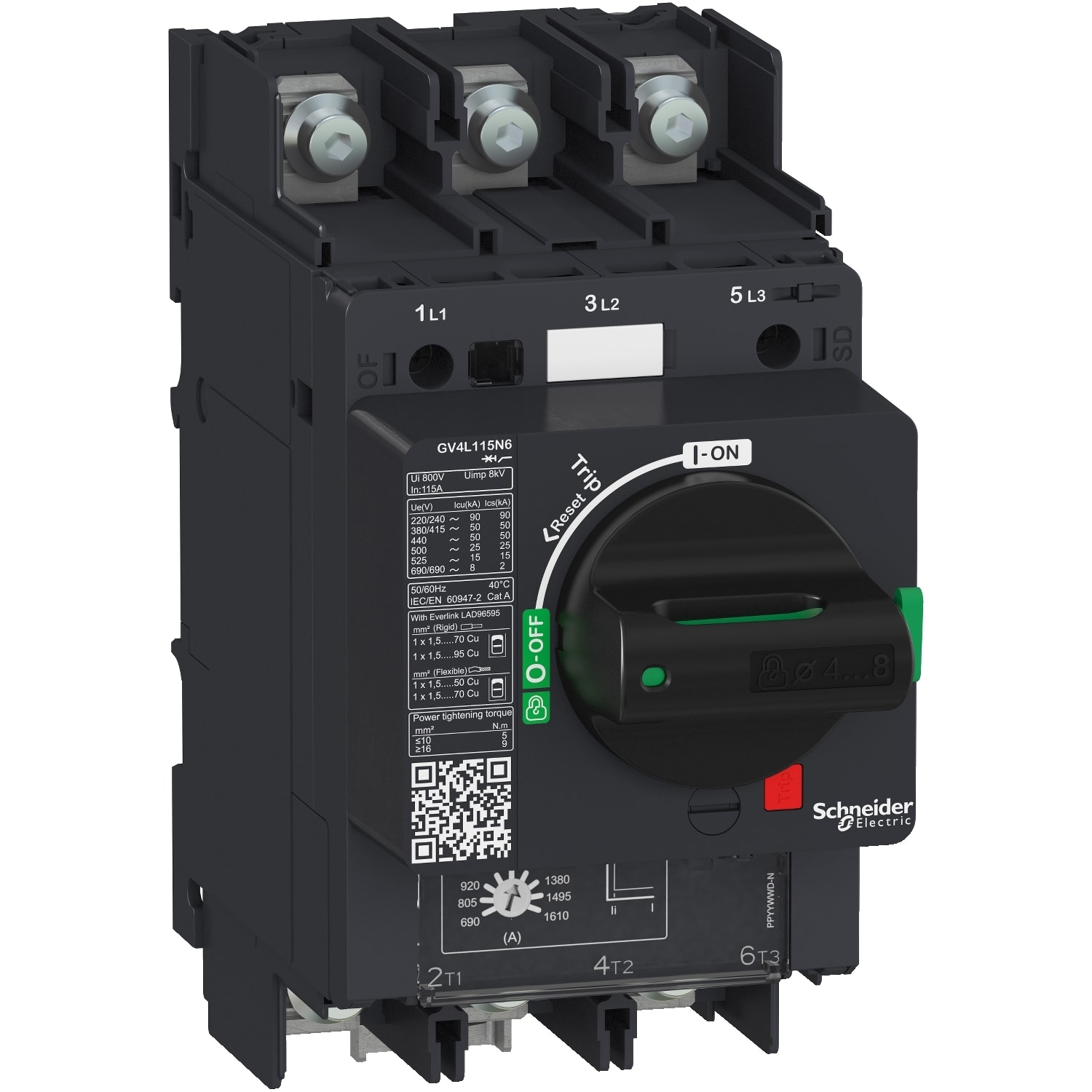 SCHNEIDER ELECTRIC - Interruttore automatico magnetico manovra rotativa, TeSys, GV4L, 3,5A Icu 50kA dado