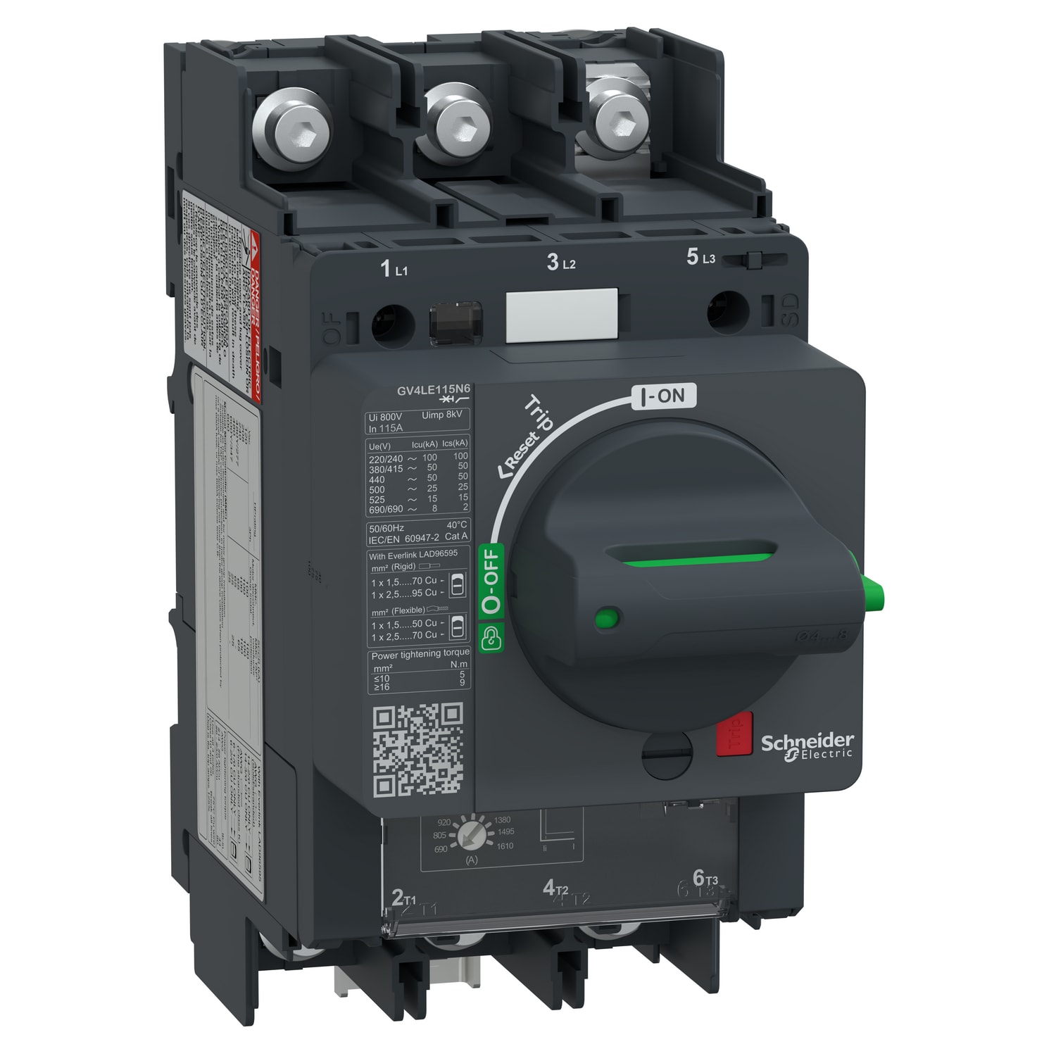 SCHNEIDER ELECTRIC - Interruttore automatico magnetico elettronico a leva, TeSys, GV4LE, 115A Icu 50kA dado